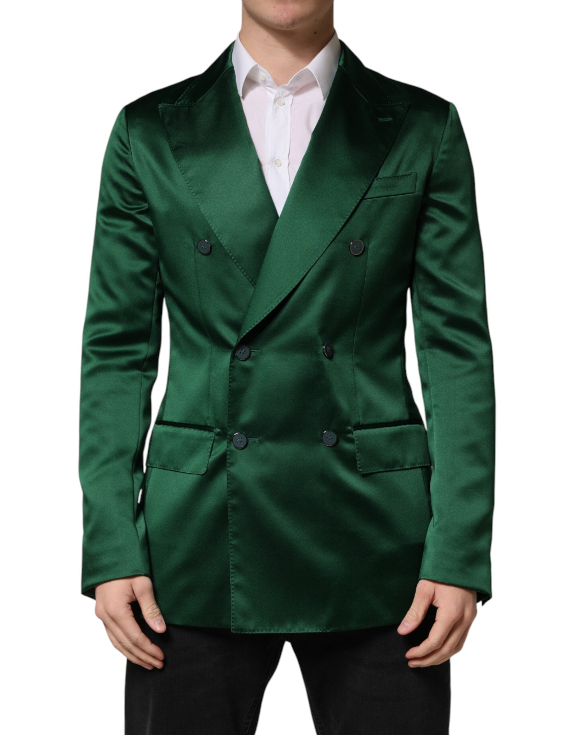 Dolce & Gabbana Green Satin Double Breasted Jacket Blazer Dolce & Gabbana