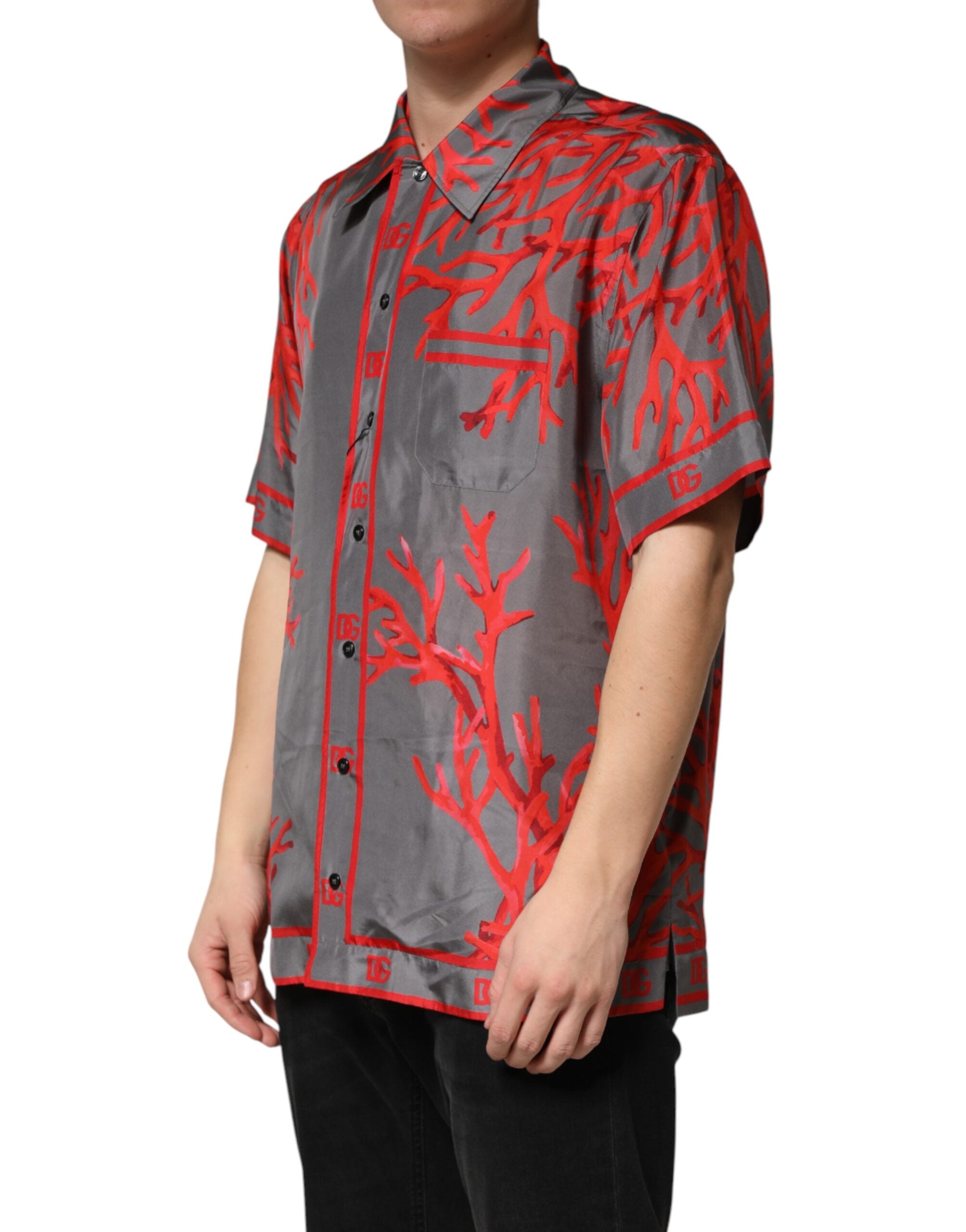 Dolce & Gabbana Gray Red Corals Short Sleeves Casual Shirt Dolce & Gabbana