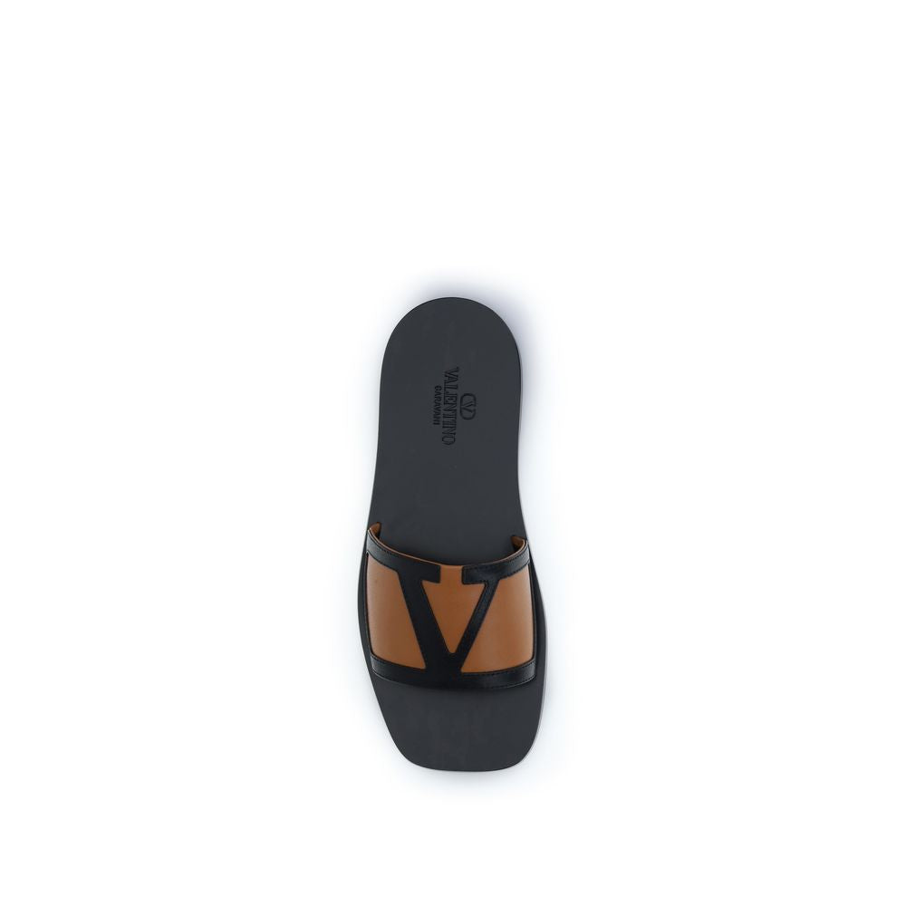Valentino Garavani Black Calf Leather Bos Taurus Flat Sandals Valentino Garavani