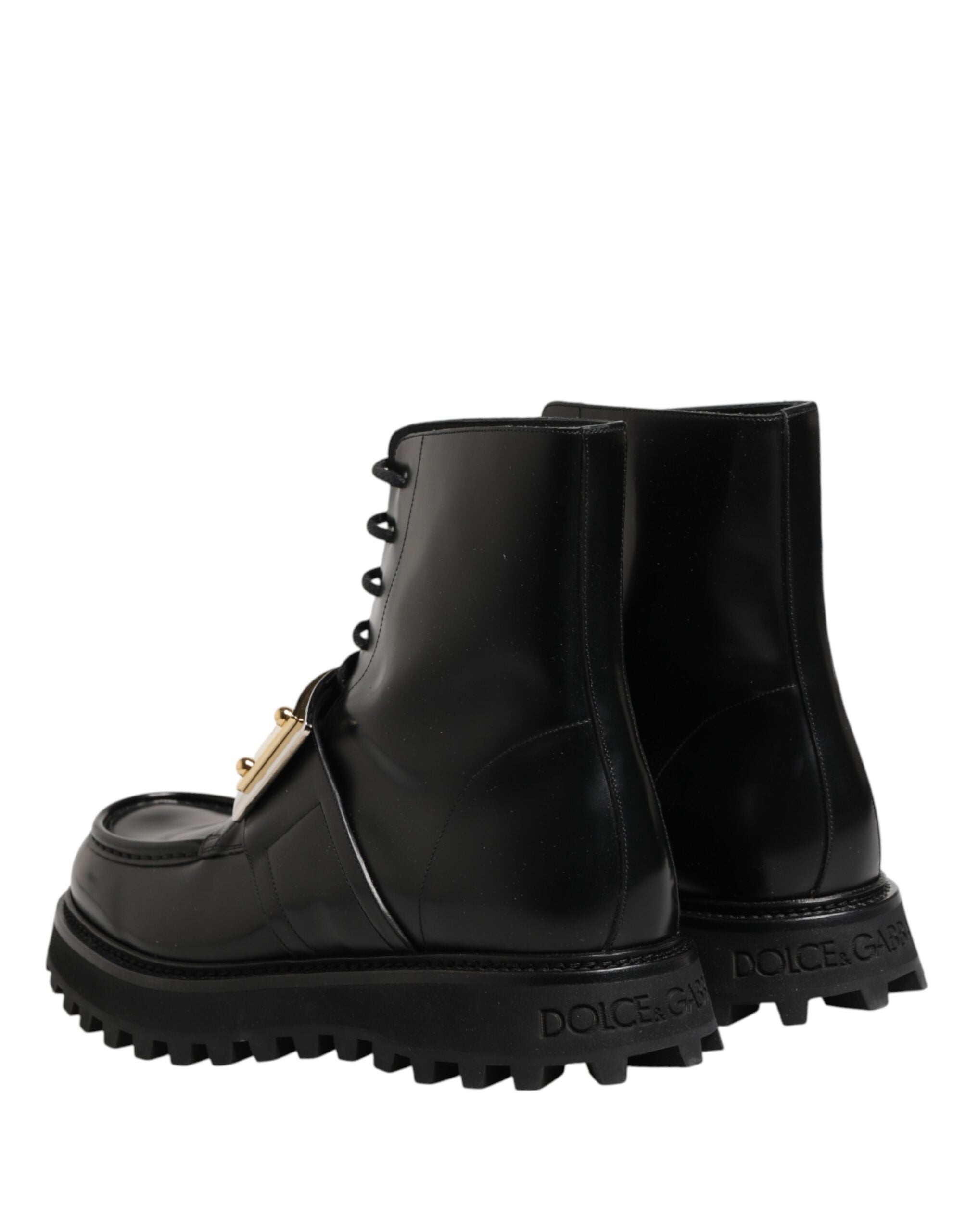 Dolce & Gabbana Black Leather DG Plaque Lace Up Boots Shoes Dolce & Gabbana