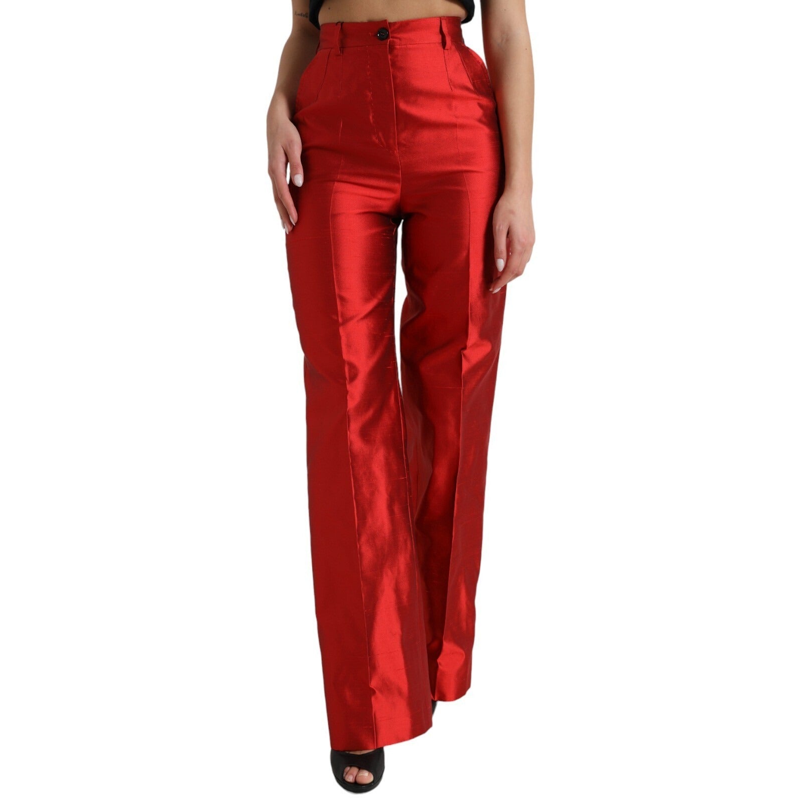 Dolce & Gabbana Red Satin Silk High Waist Wide Leg Pants Dolce & Gabbana