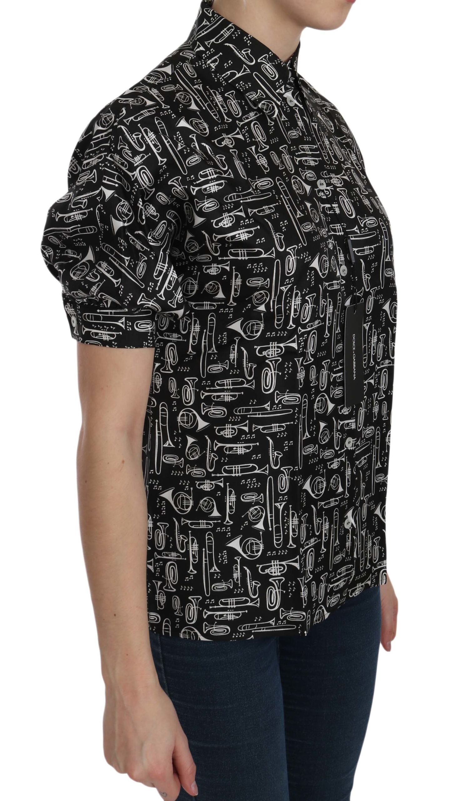 Dolce & Gabbana Black Musical Instrument Collared Blouse Shirt Dolce & Gabbana