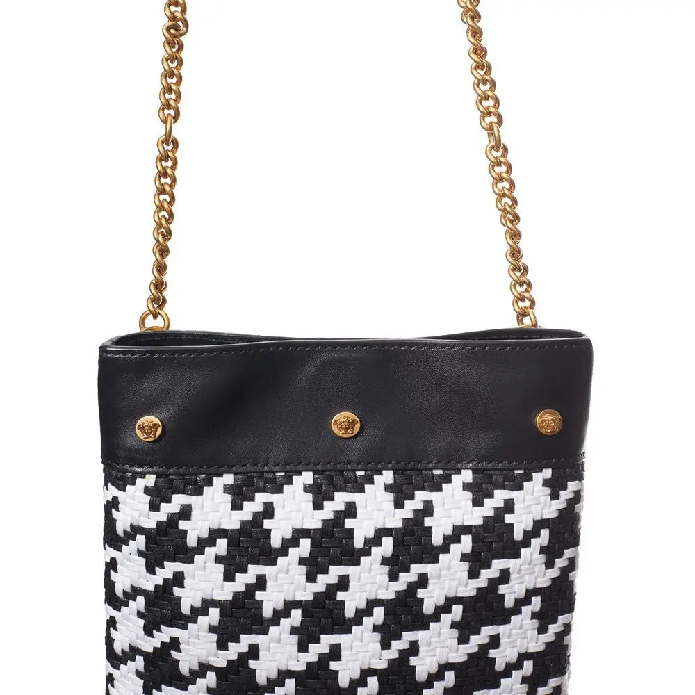 Versace Black And White Leather And Textile Shoulder Bag Versace