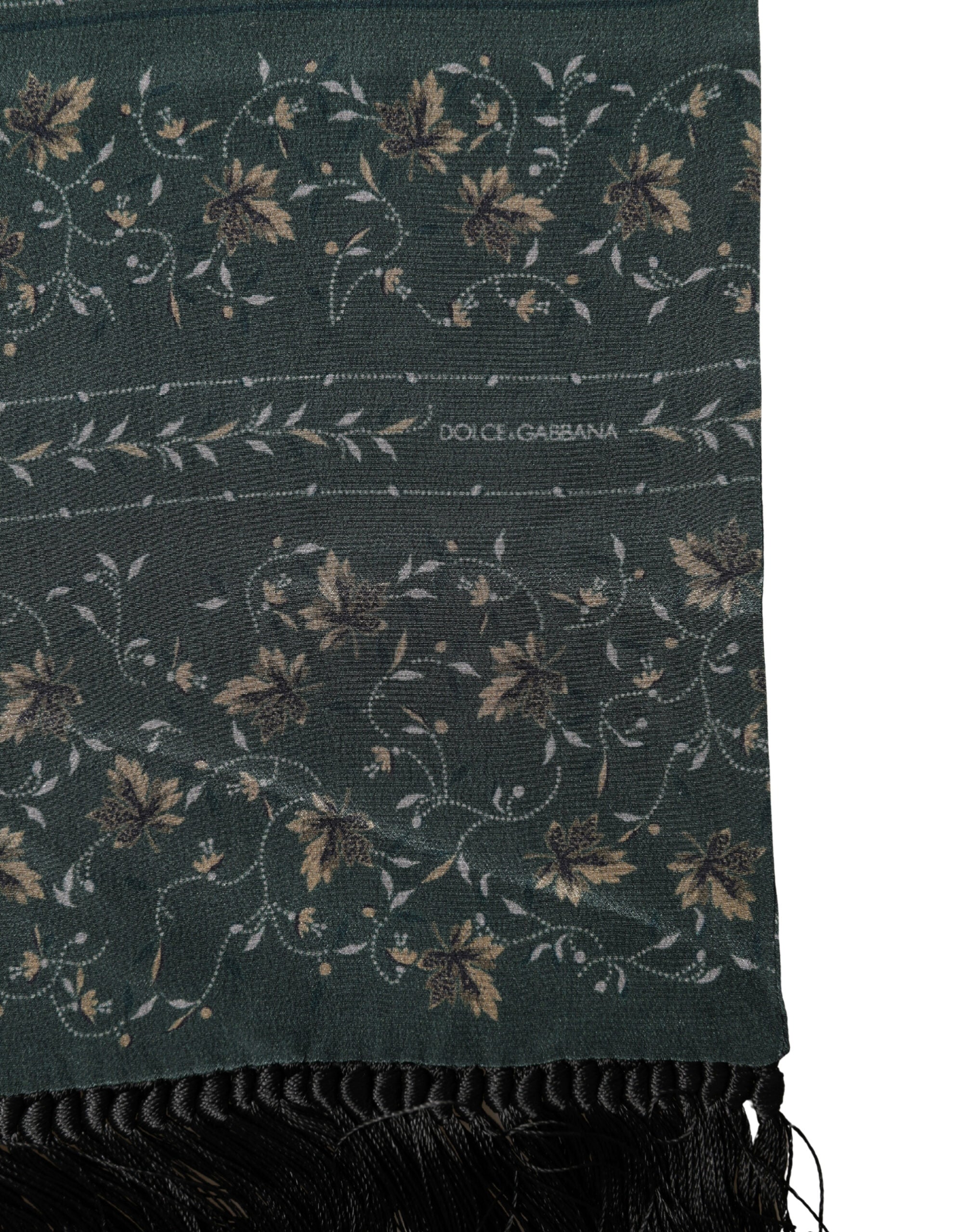 Dolce & Gabbana Green Silk Floral Pattern Fringed 135cm X 16cm Scarf Dolce & Gabbana