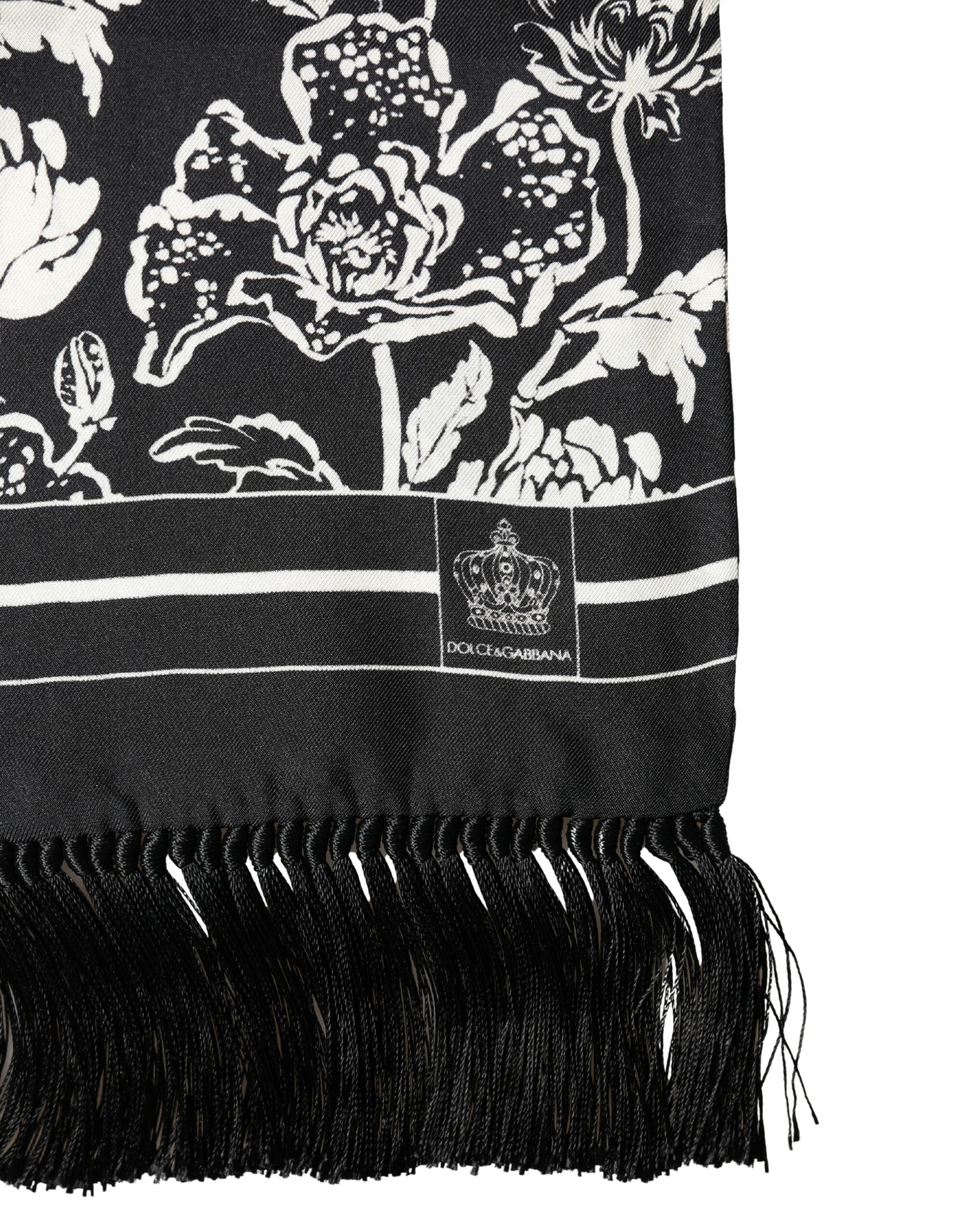Dolce & Gabbana Black White Silk Floral Print Fringe 136cm X 15.5cm Scarf Dolce & Gabbana
