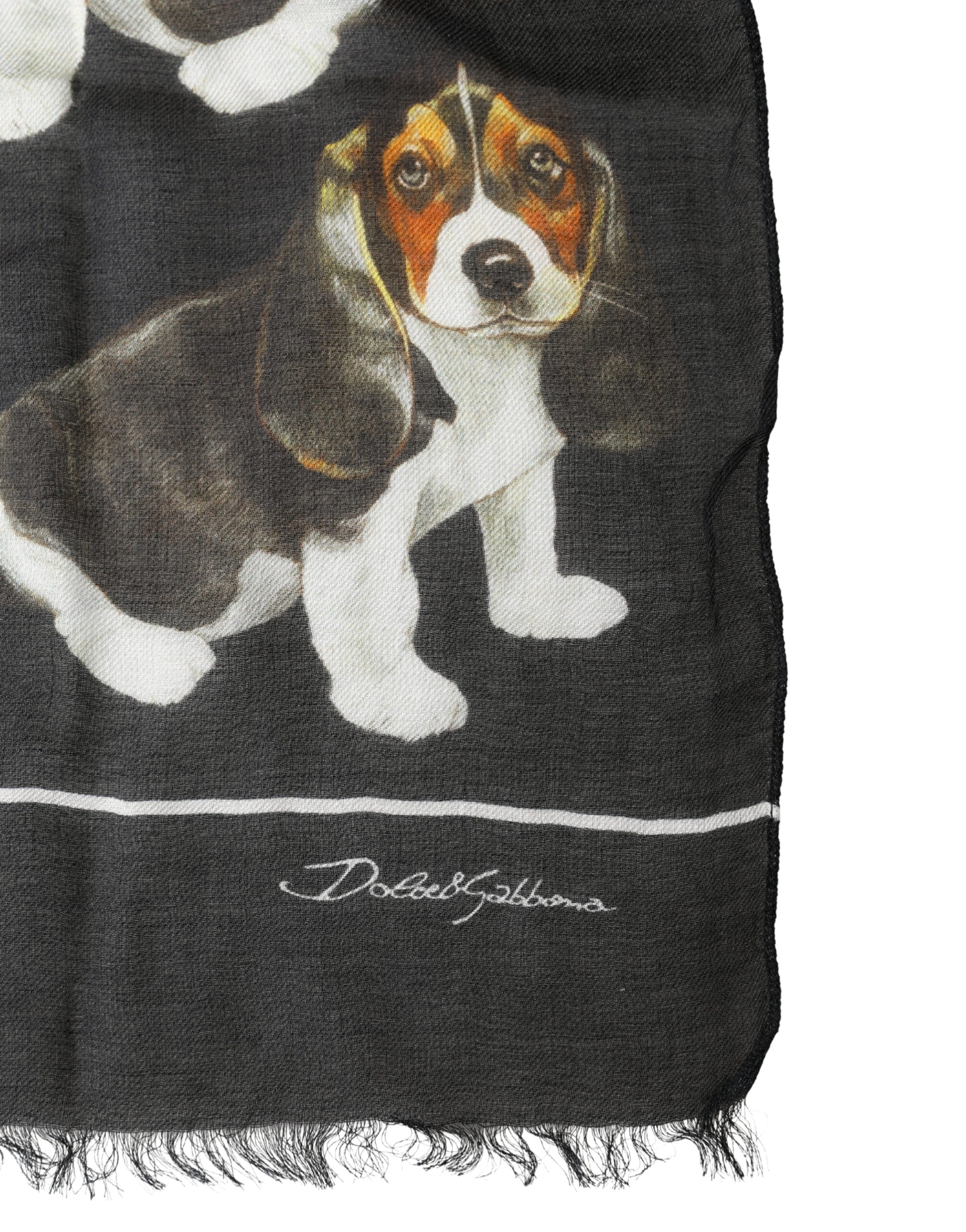 Dolce & Gabbana Black Dog Print Modal Wool Wrap Foulard 178cm X 63cm Scarf Dolce & Gabbana