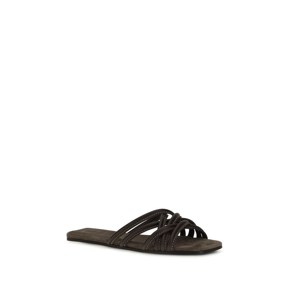 Brunello Cucinelli Brown Calf Leather Bos Taurus Flat Sandals Brunello Cucinelli