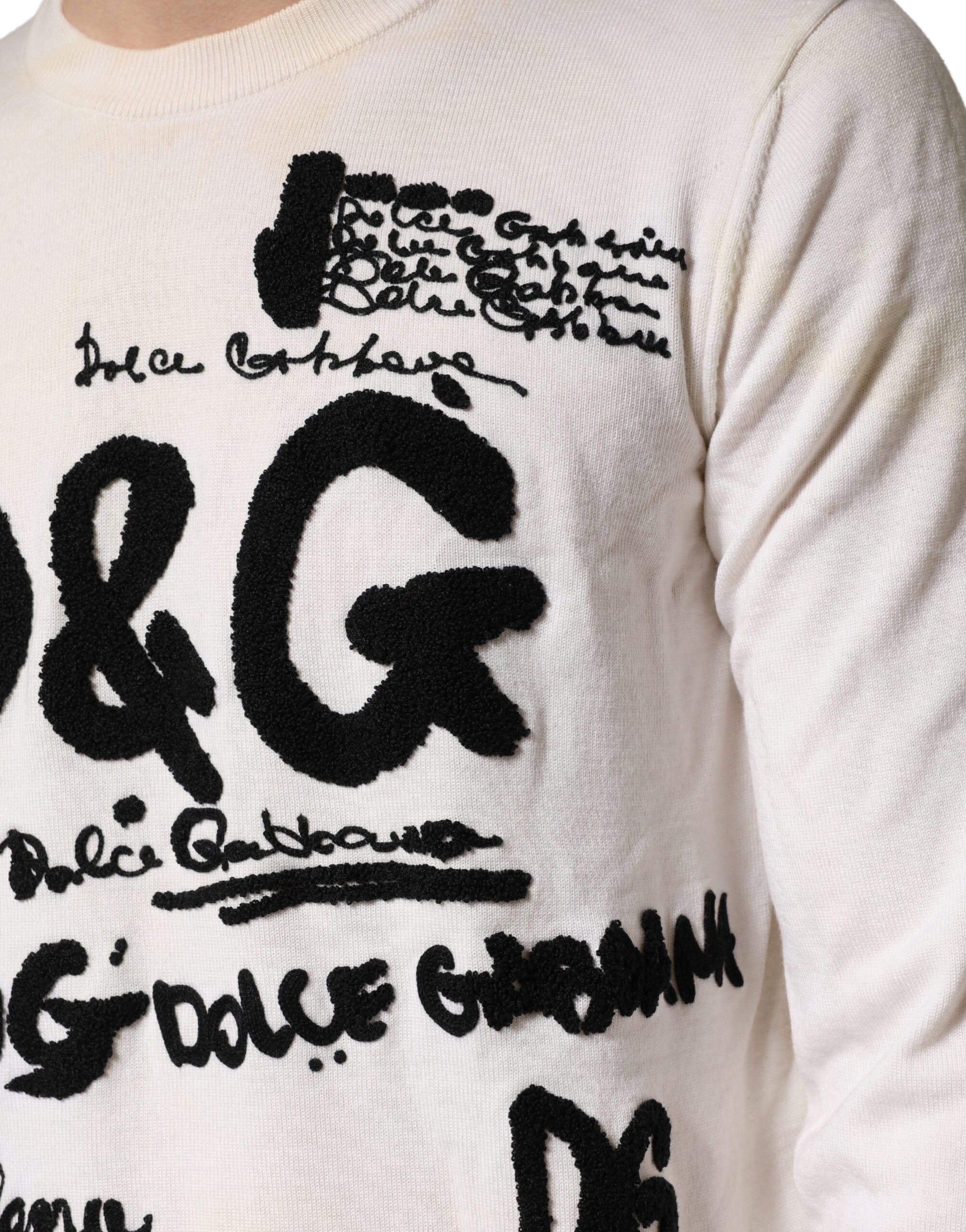 Dolce & Gabbana White Virgin Wool Graphic Logo Crewneck Sweater Dolce & Gabbana