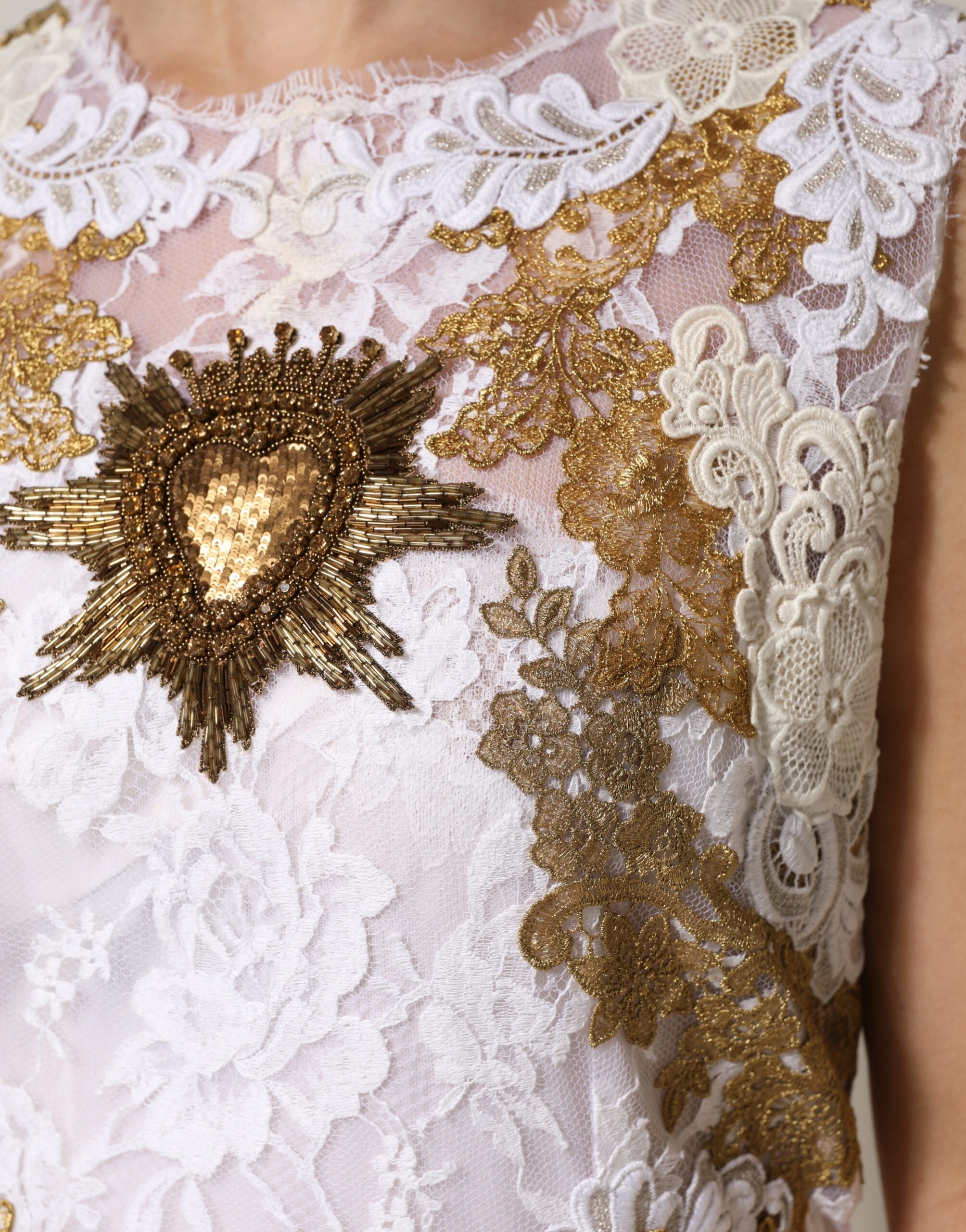 Dolce & Gabbana Ivory Lace Silk Embellished Sleeveless Dress Dolce & Gabbana