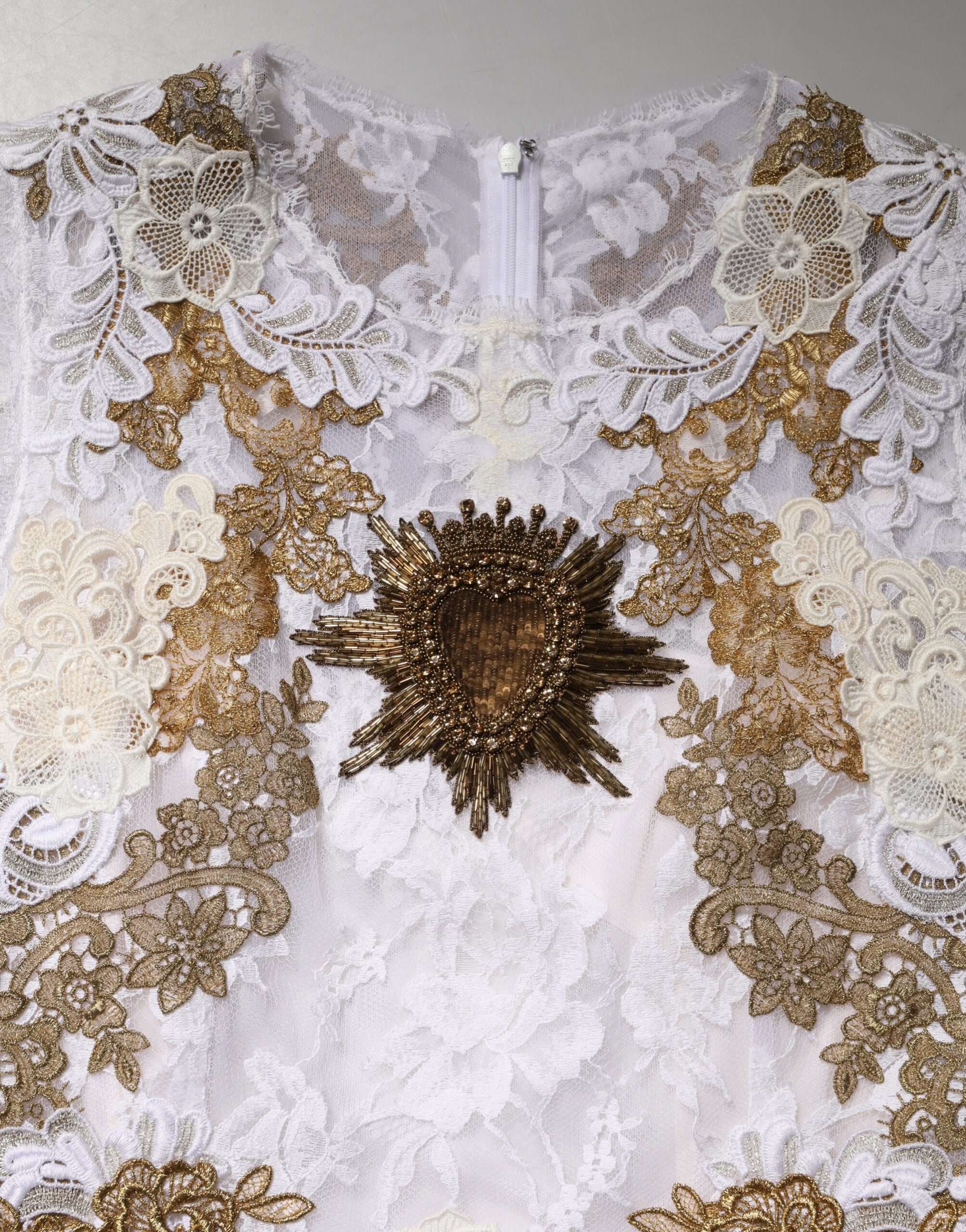 Dolce & Gabbana Ivory Lace Silk Embellished Sleeveless Dress Dolce & Gabbana