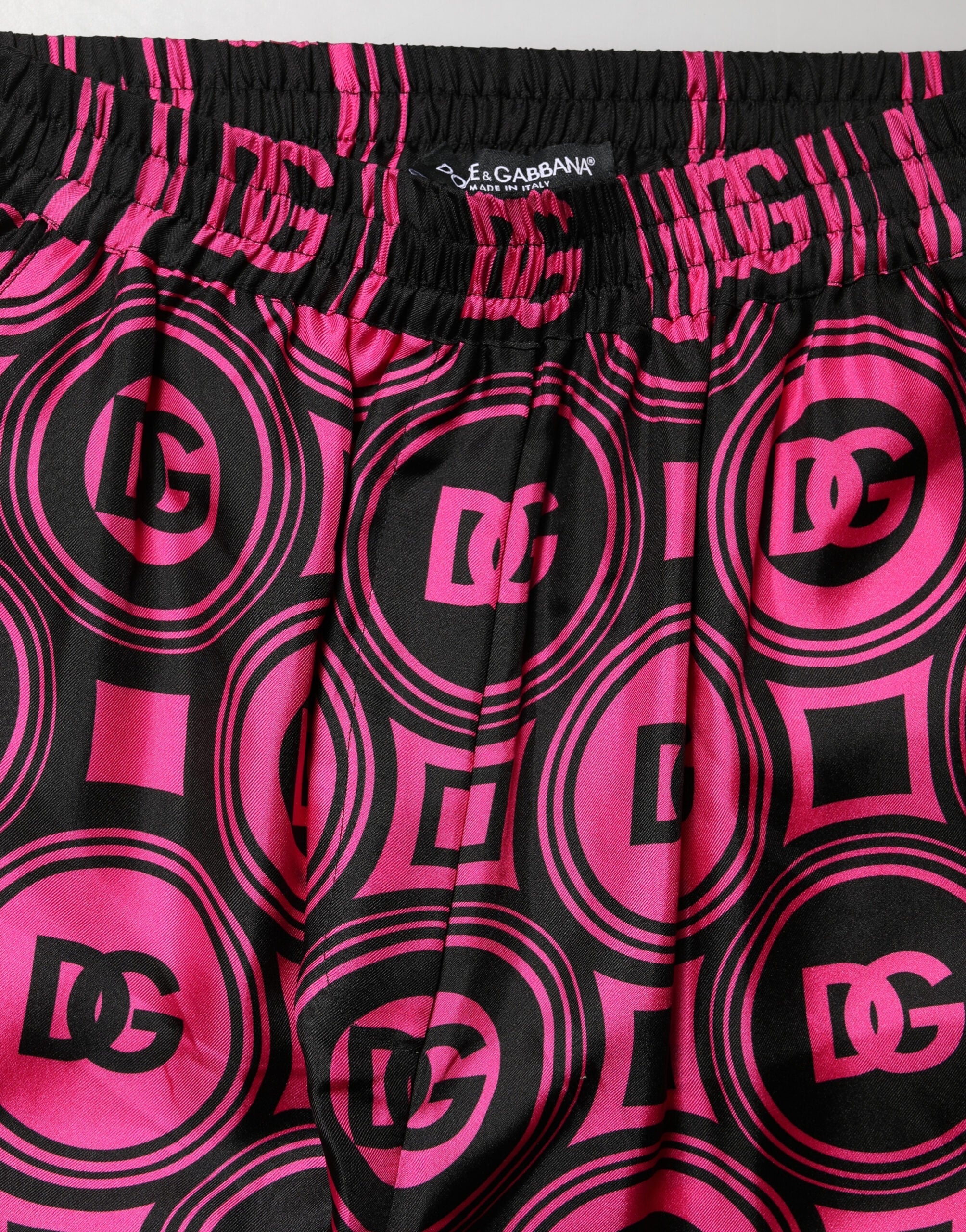 Dolce & Gabbana Black Fuchsia Silk Logo Elastic Waist Shorts Dolce & Gabbana