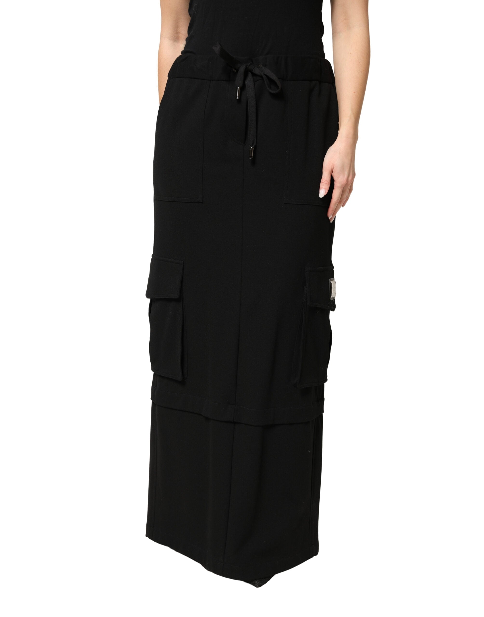 Dolce & Gabbana Black Cotton Drawstring Long Maxi Cargo Skirt Dolce & Gabbana
