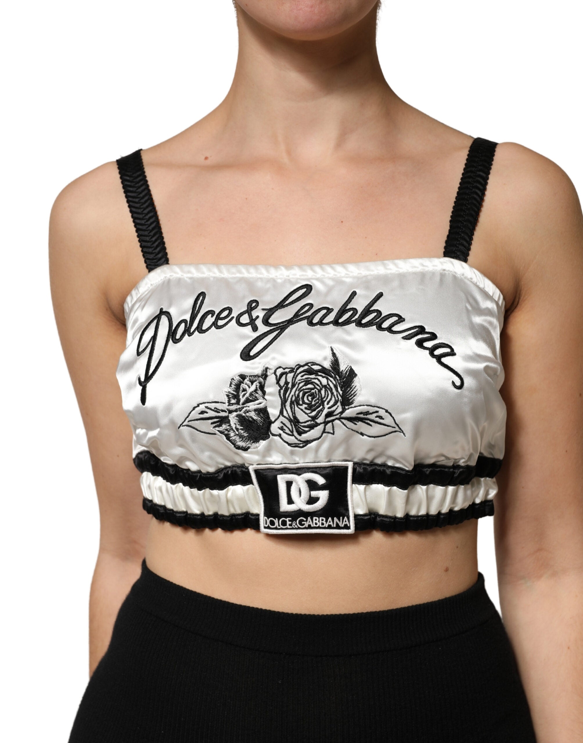 Dolce & Gabbana White Silk Satin Crop Black Logo Bralette Top Dolce & Gabbana