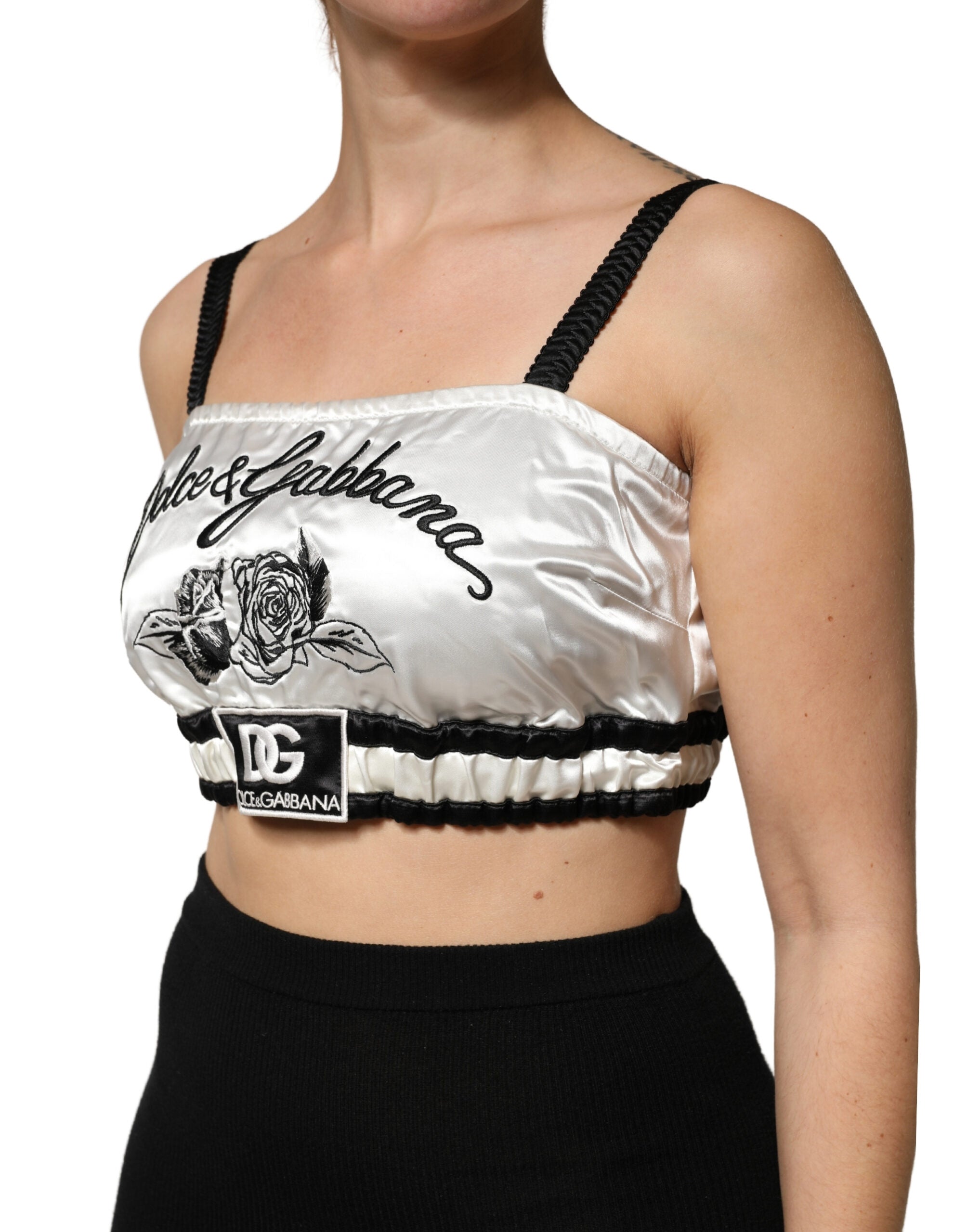 Dolce & Gabbana White Silk Satin Crop Black Logo Bralette Top Dolce & Gabbana