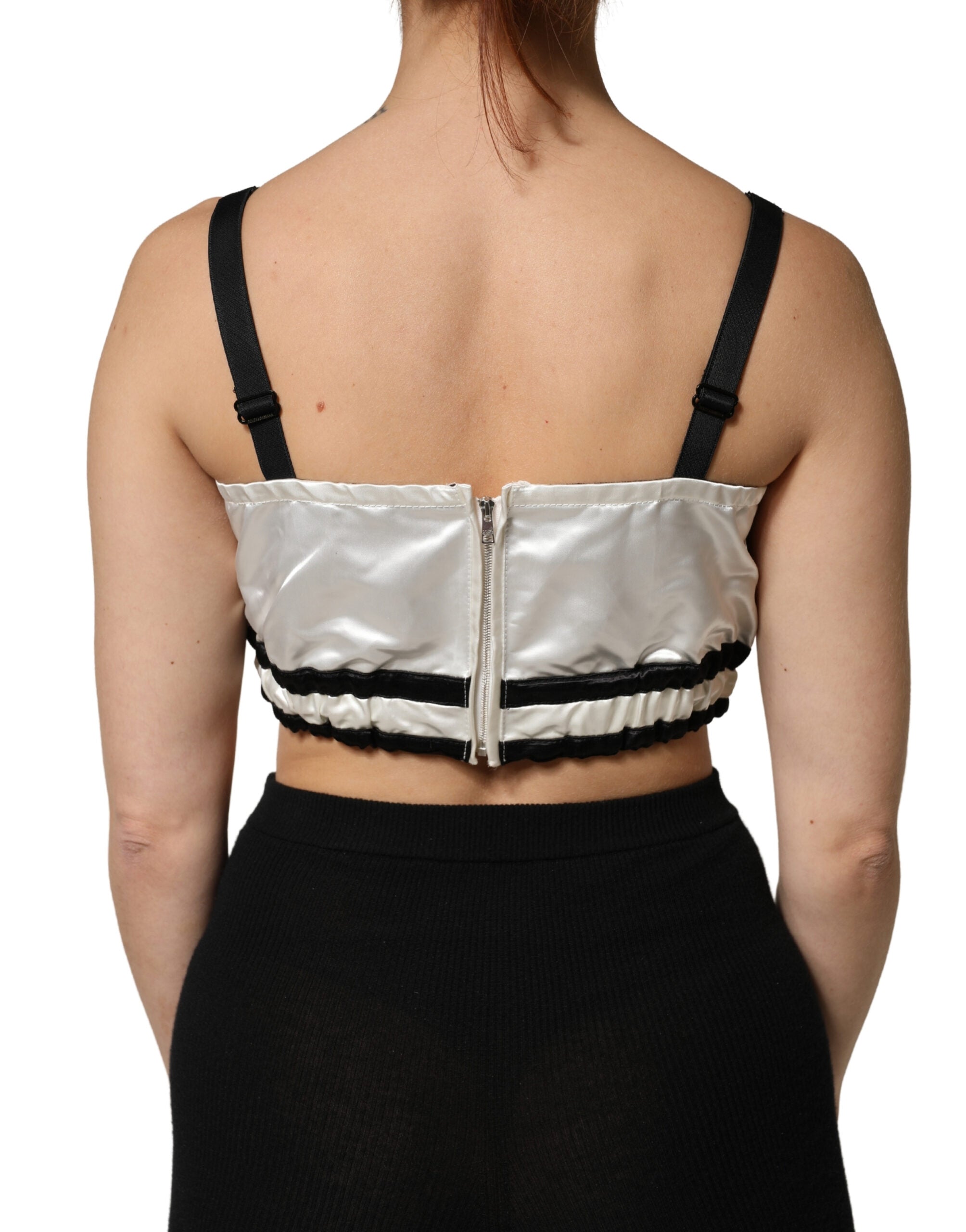 Dolce & Gabbana White Silk Satin Crop Black Logo Bralette Top Dolce & Gabbana