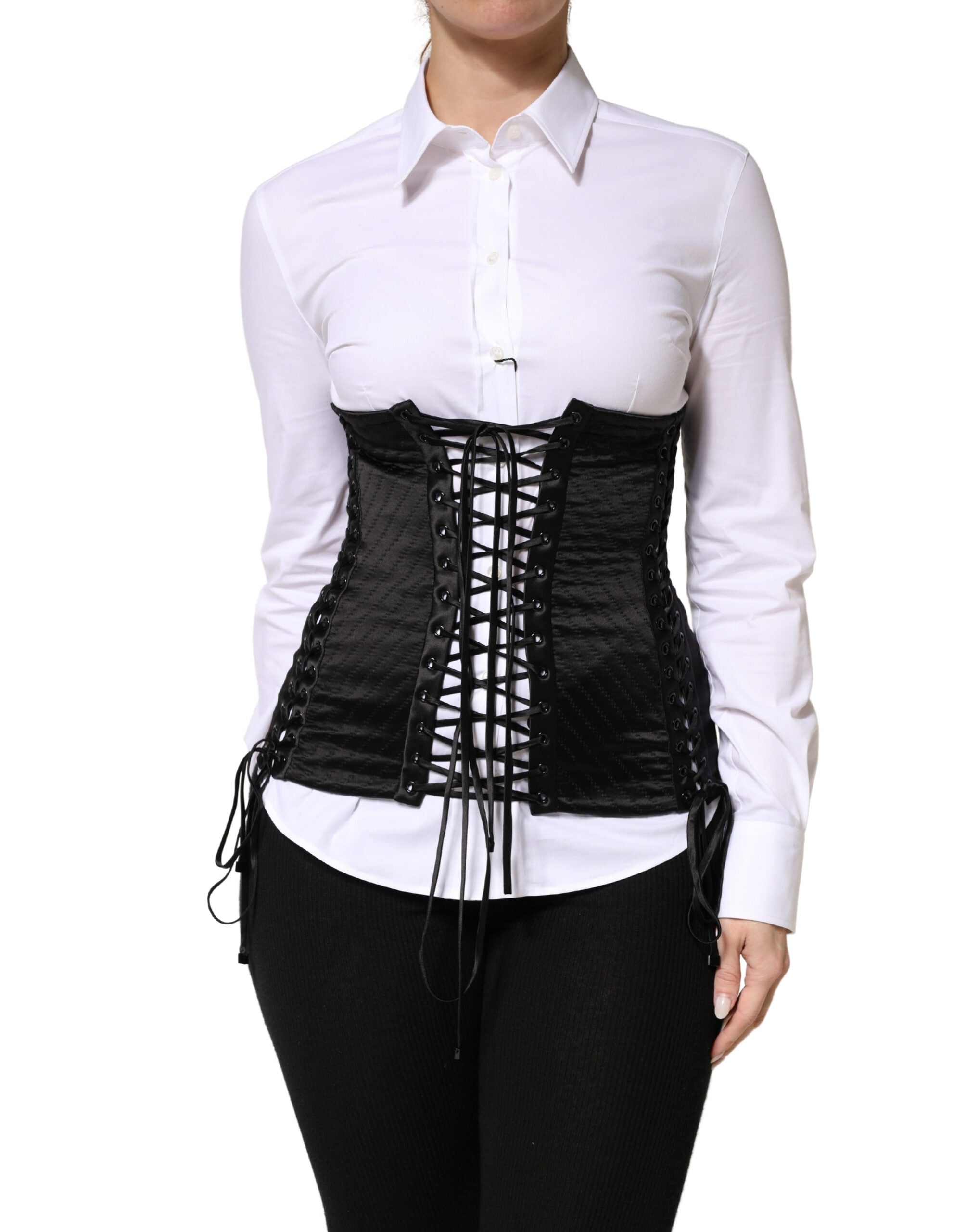 Dolce & Gabbana Black Silk Lace-Up Waist Cincher Corset Top Dolce & Gabbana