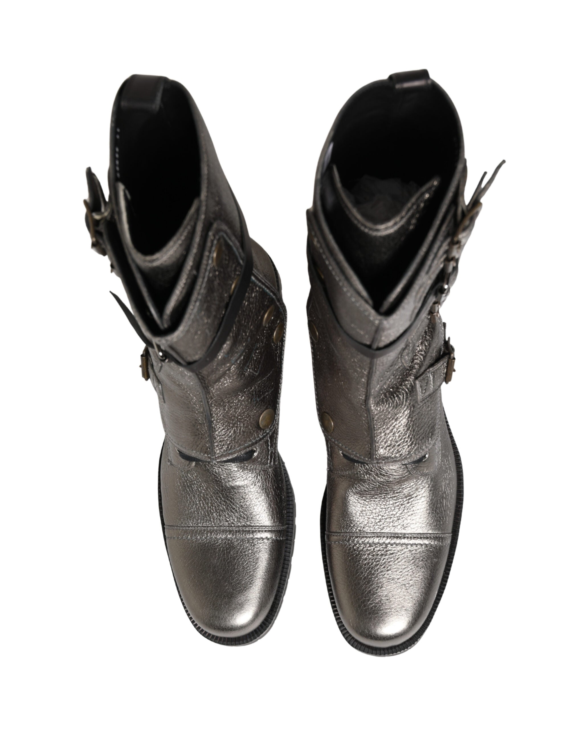 Dolce & Gabbana Metallic Leather Buckle Combat Boots Shoes Dolce & Gabbana