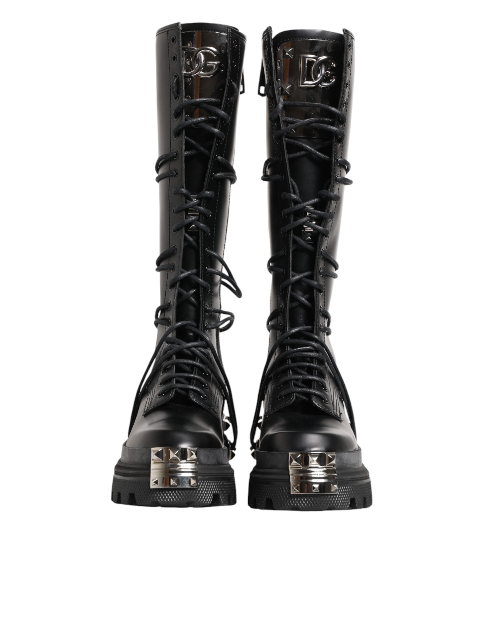 Dolce & Gabbana Black Leather Knee High Combat Boots Shoes Dolce & Gabbana