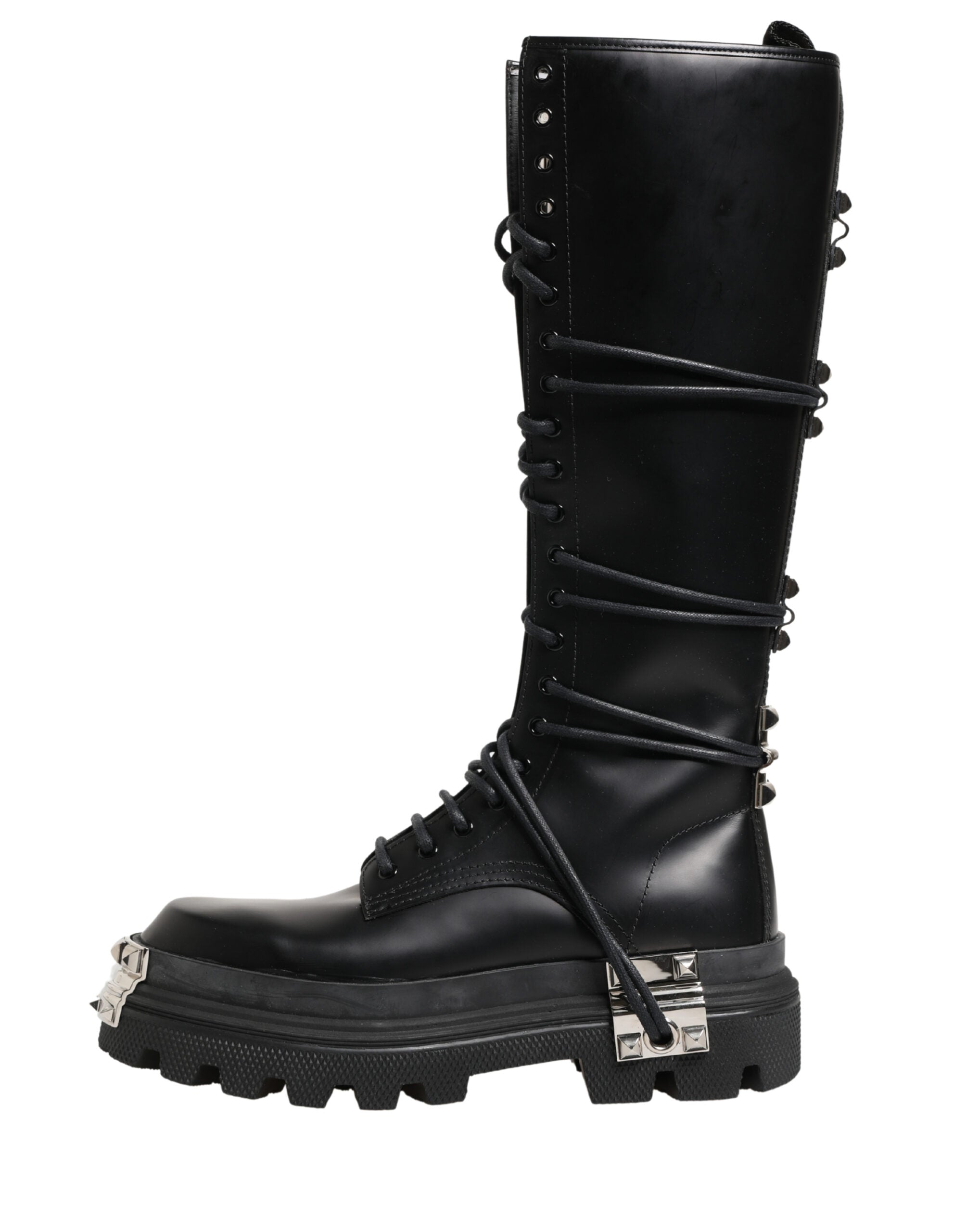 Dolce & Gabbana Black Leather Knee High Combat Boots Shoes Dolce & Gabbana