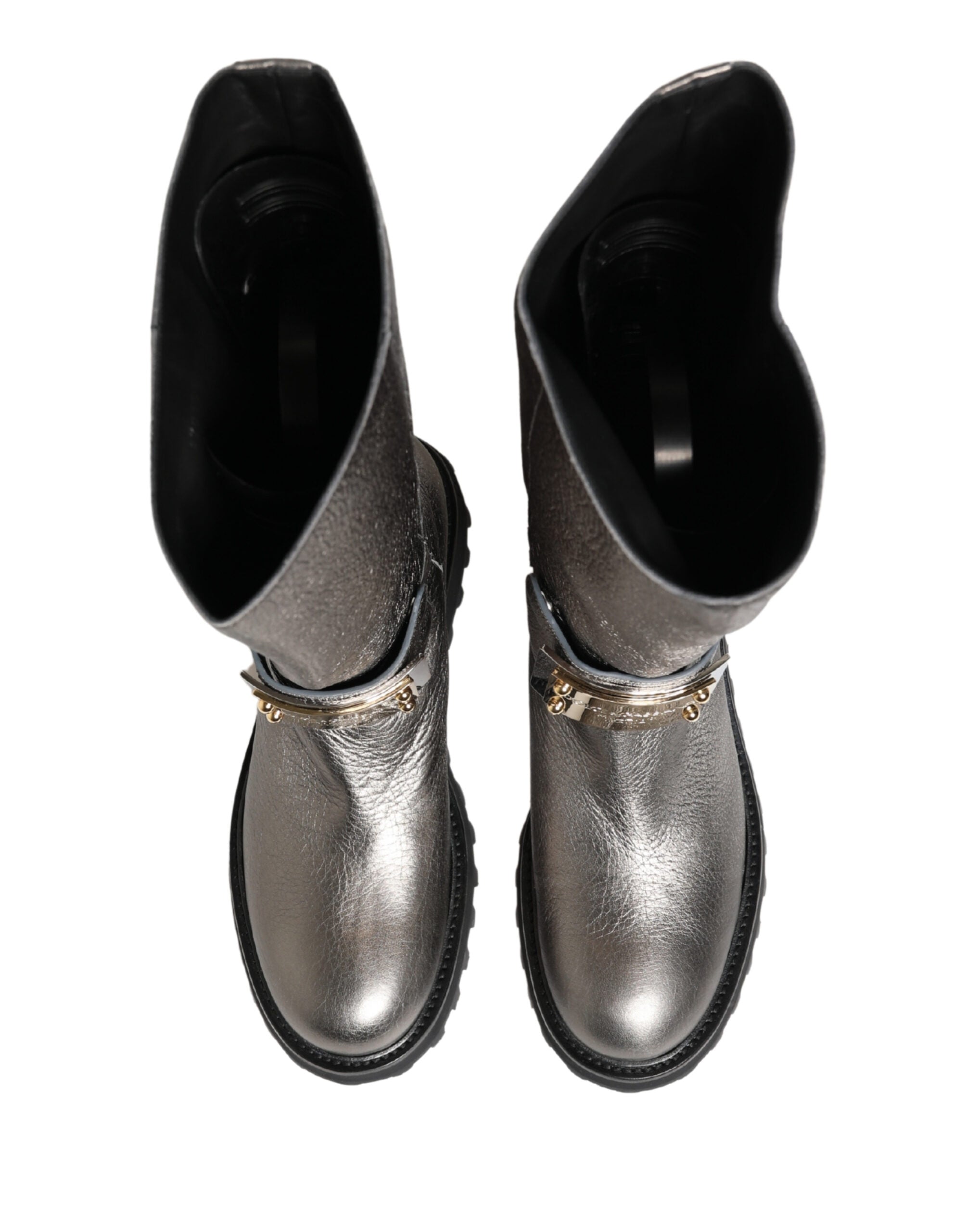 Dolce & Gabbana Metallic Silver Leather Mid Calf Boots Shoes Dolce & Gabbana