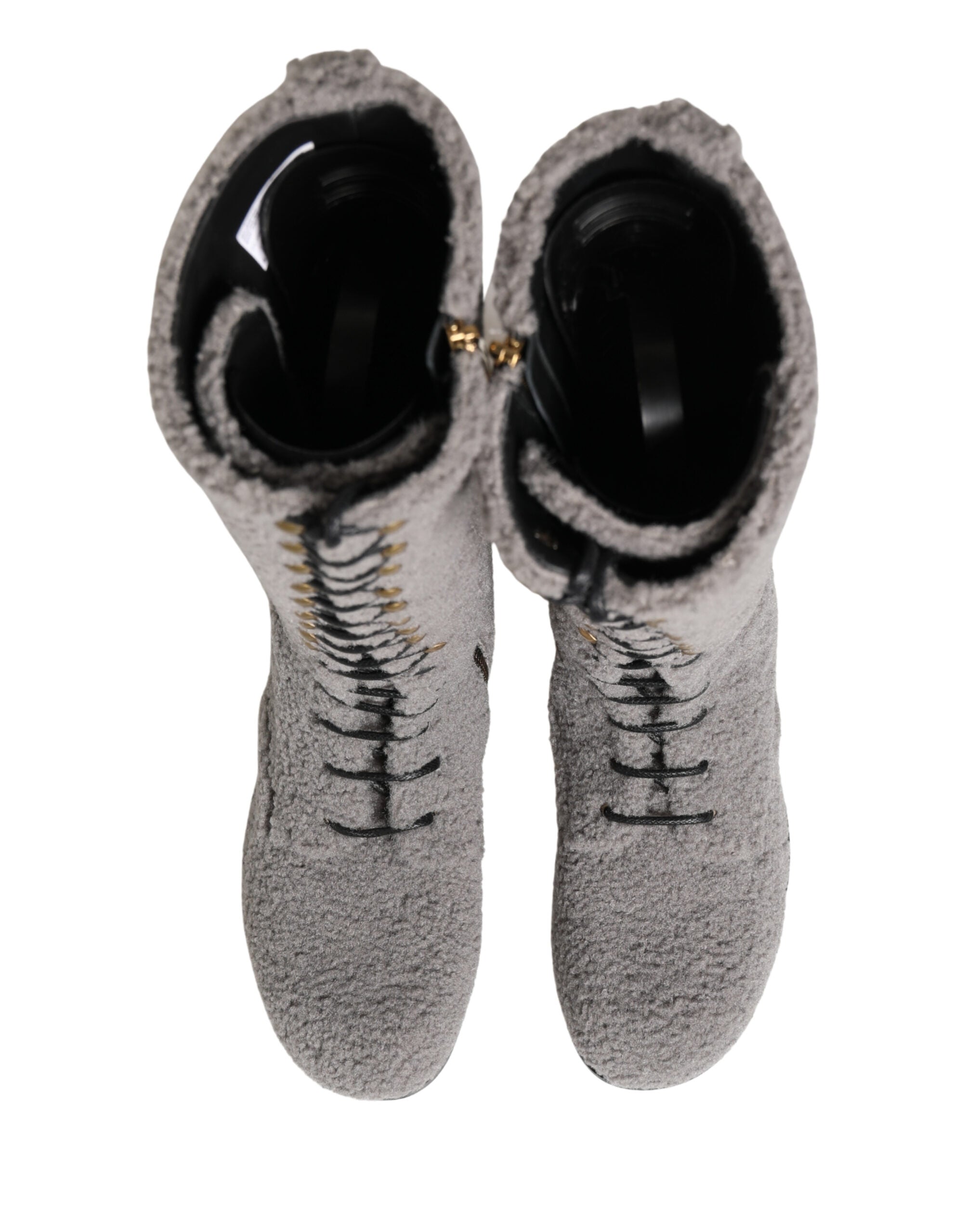 Dolce & Gabbana Gray Shearling Lace Up Knee High Boots Shoes Dolce & Gabbana