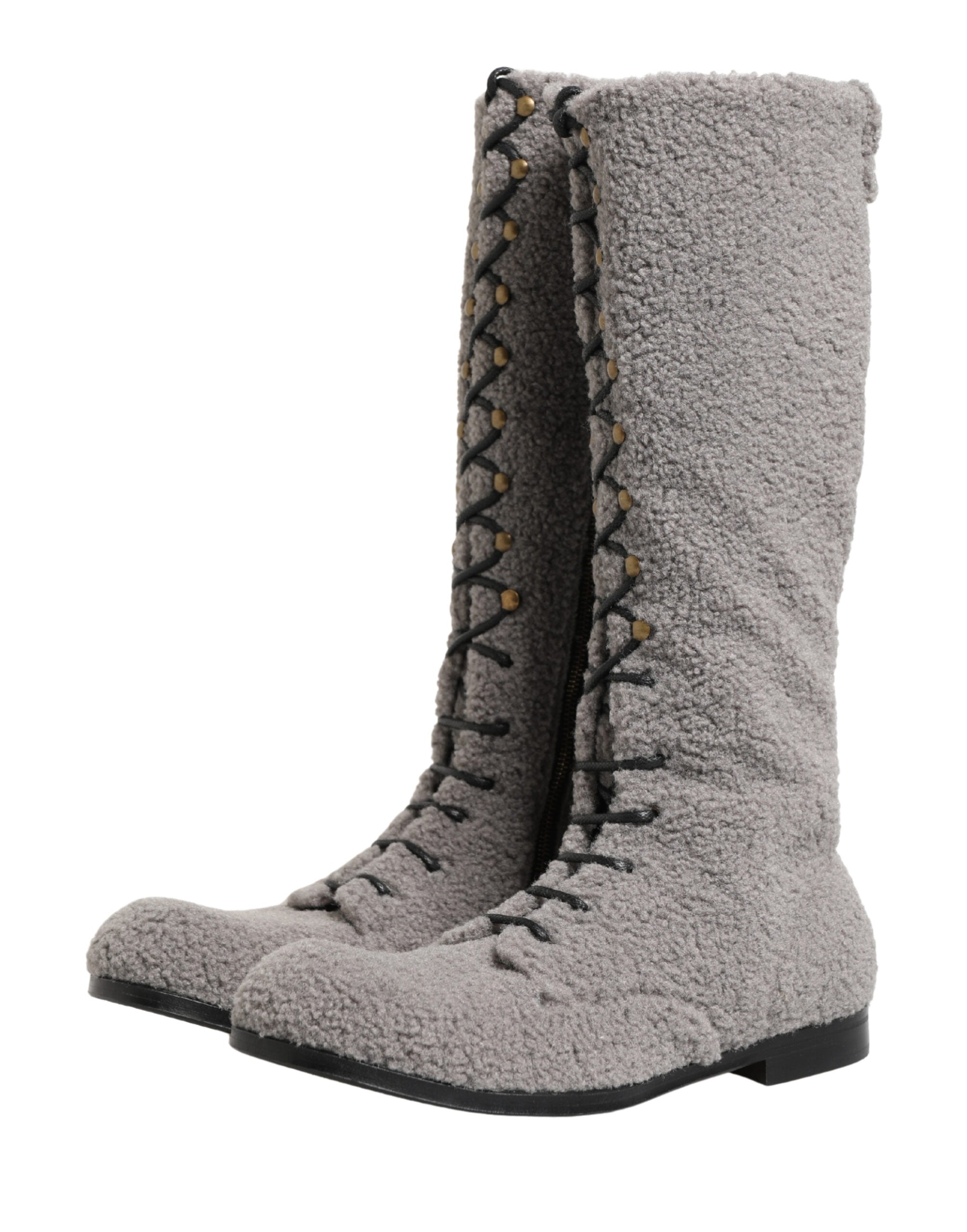 Dolce & Gabbana Gray Shearling Lace Up Knee High Boots Shoes Dolce & Gabbana