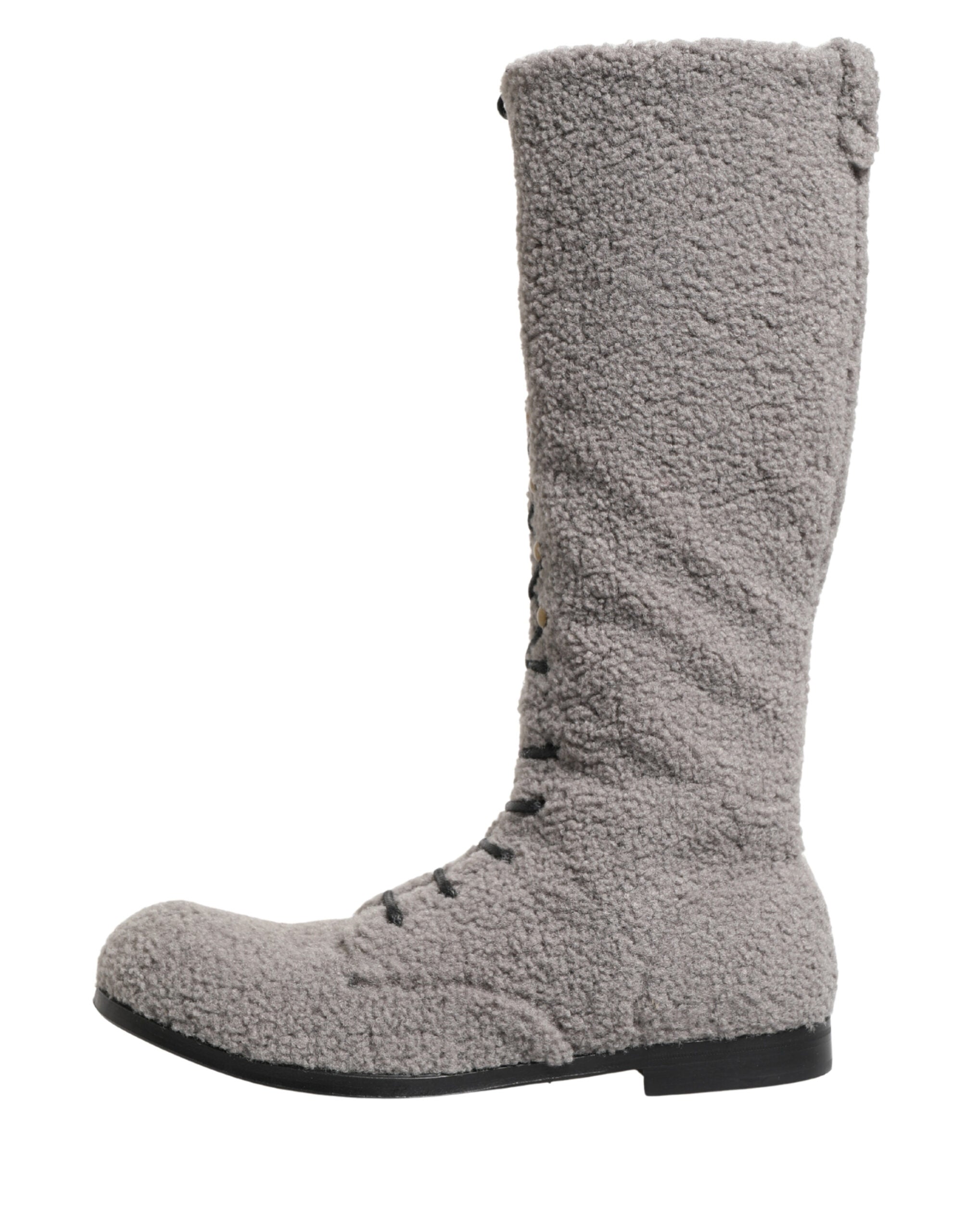 Dolce & Gabbana Gray Shearling Lace Up Knee High Boots Shoes Dolce & Gabbana