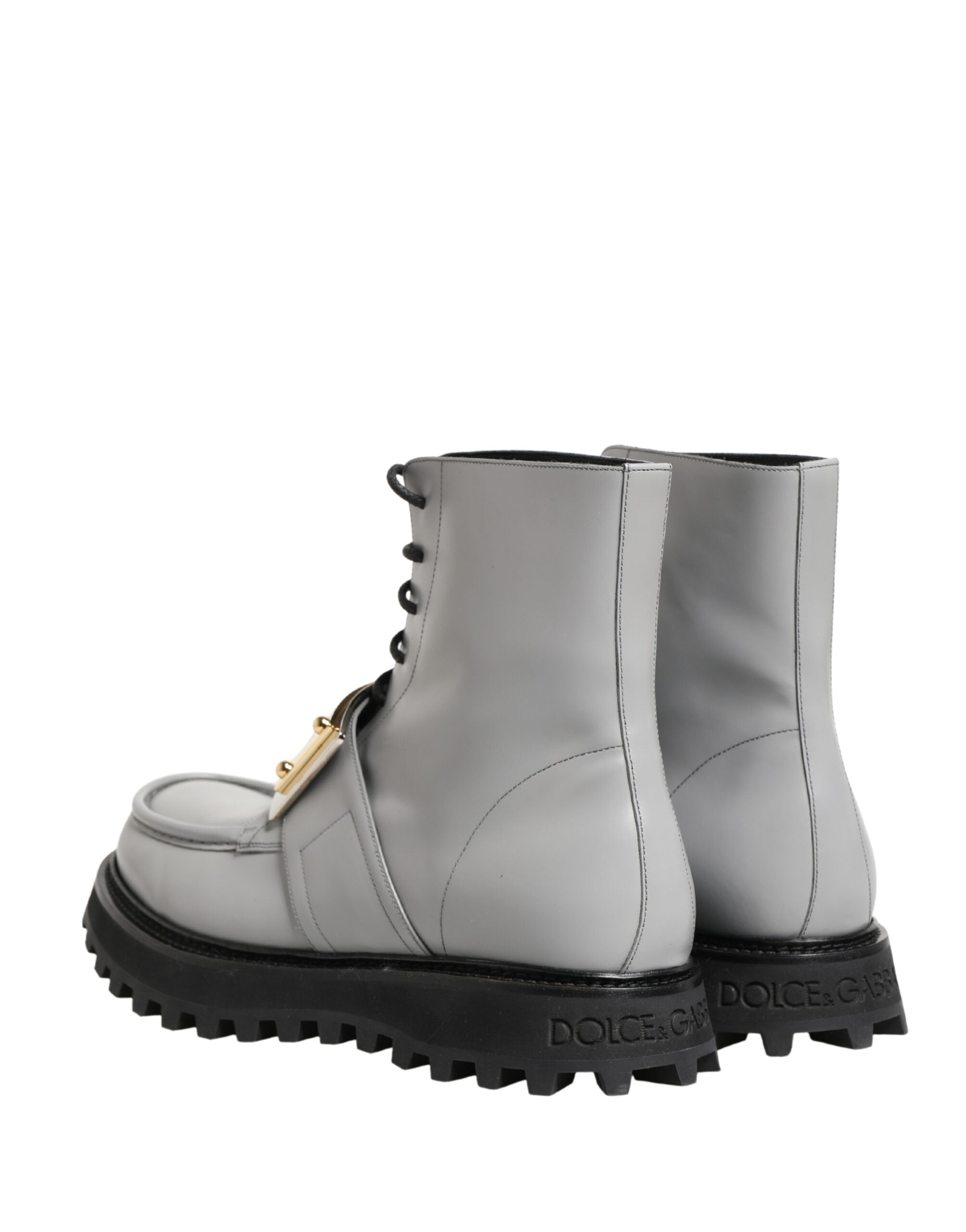 Dolce & Gabbana Gray Leather Logo Plaque Ankle Boots Shoes Dolce & Gabbana