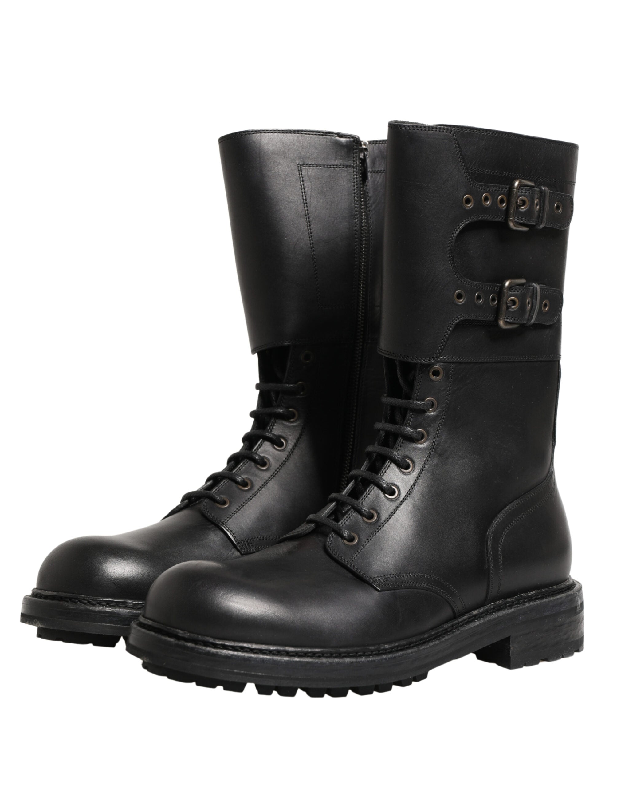 Dolce & Gabbana Black Leather Belted Buckle Combat Boots Shoes Dolce & Gabbana