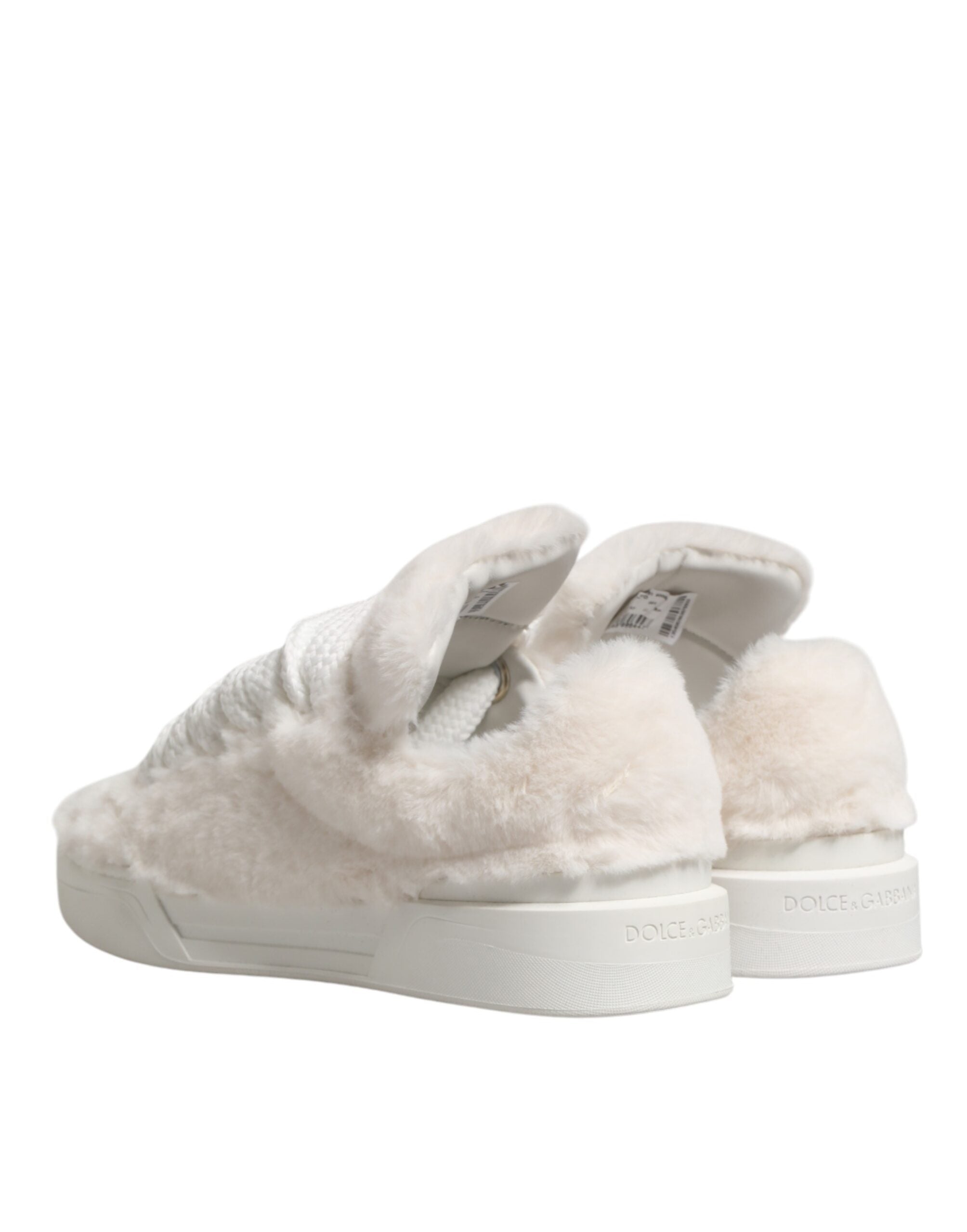 Dolce & Gabbana White Shearling Fur Bianco Low Top Sneakers Shoes Dolce & Gabbana