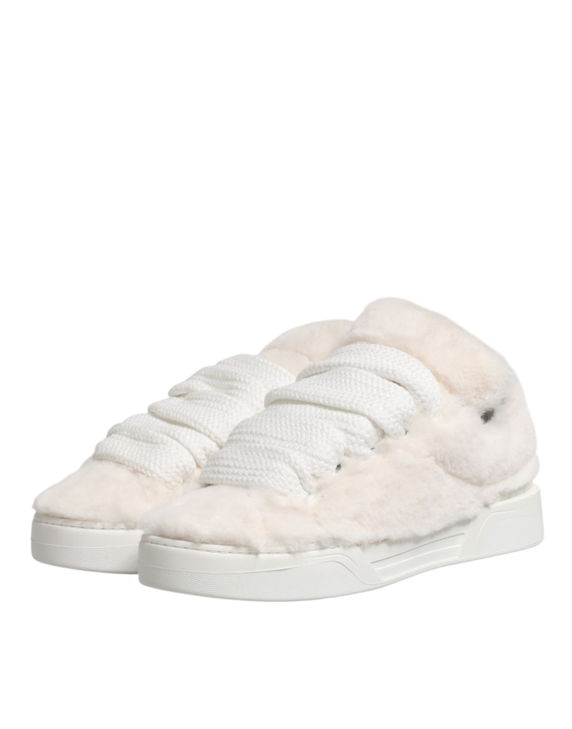 Dolce & Gabbana White Shearling Fur Bianco Low Top Sneakers Shoes Dolce & Gabbana