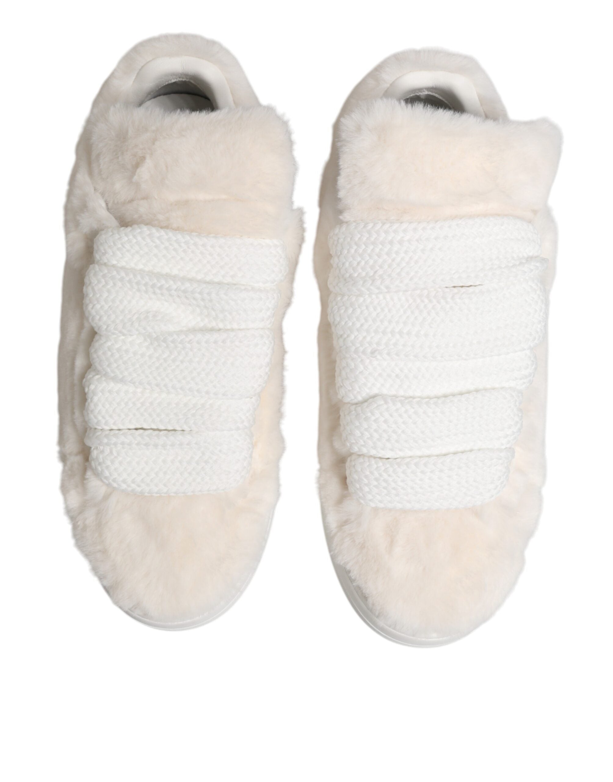 Dolce & Gabbana White Shearling Fur Bianco Low Top Sneakers Shoes Dolce & Gabbana