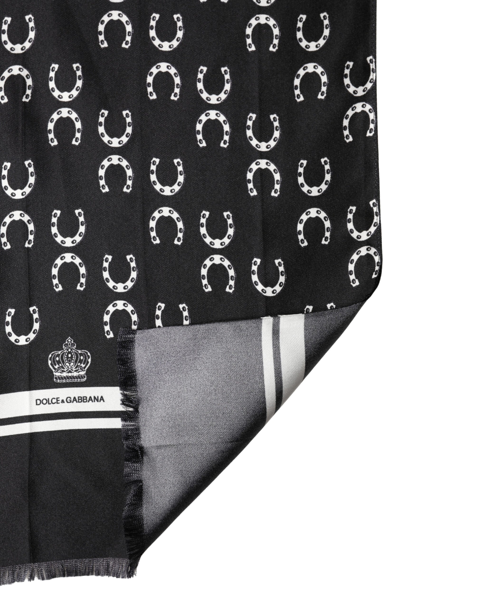 Dolce & Gabbana Black Horseshoe Silk Neck Foulard 136cm x 23cm Men Scarf Dolce & Gabbana