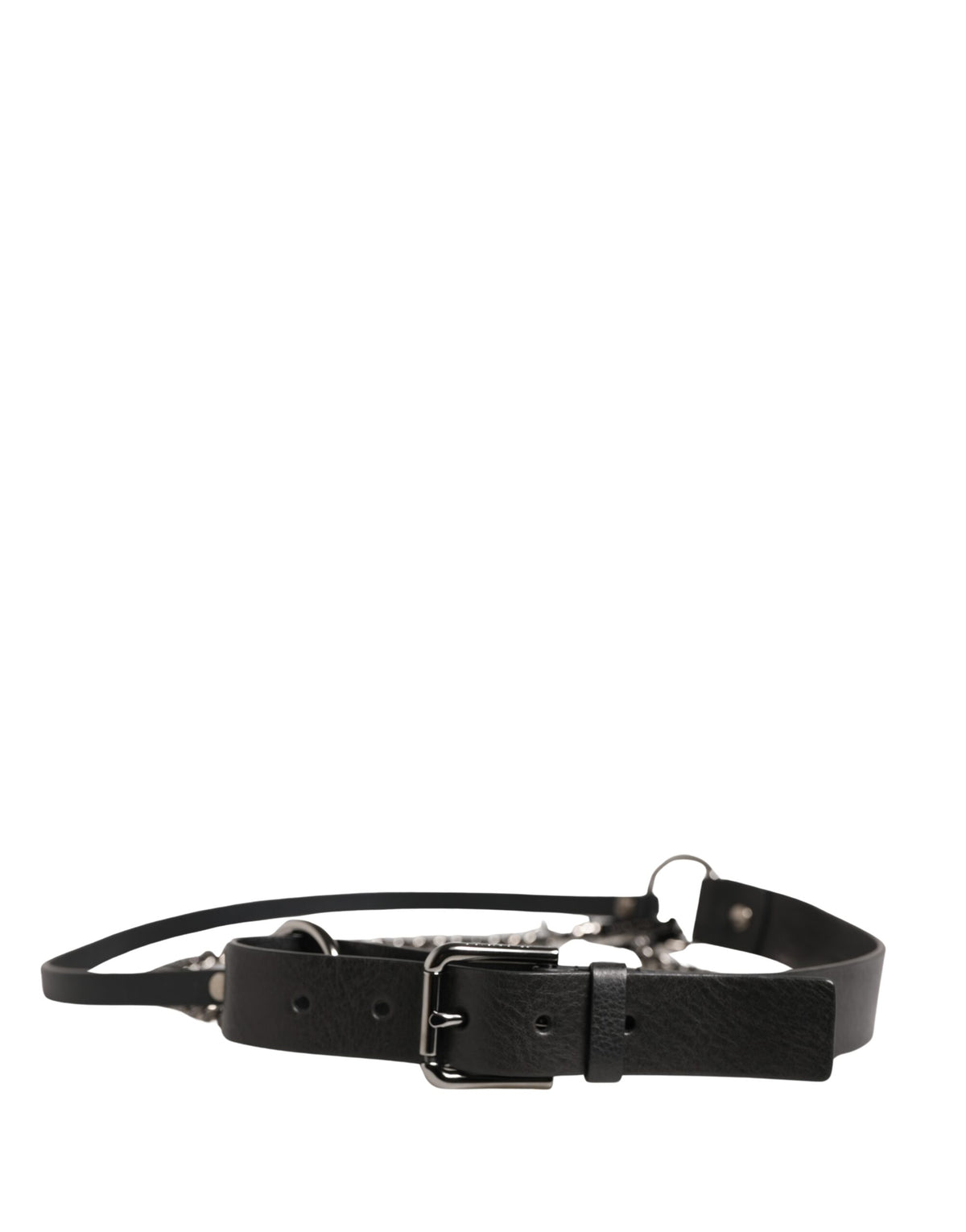 Dolce & Gabbana Black Leather Silver Chain Waist Men Belt