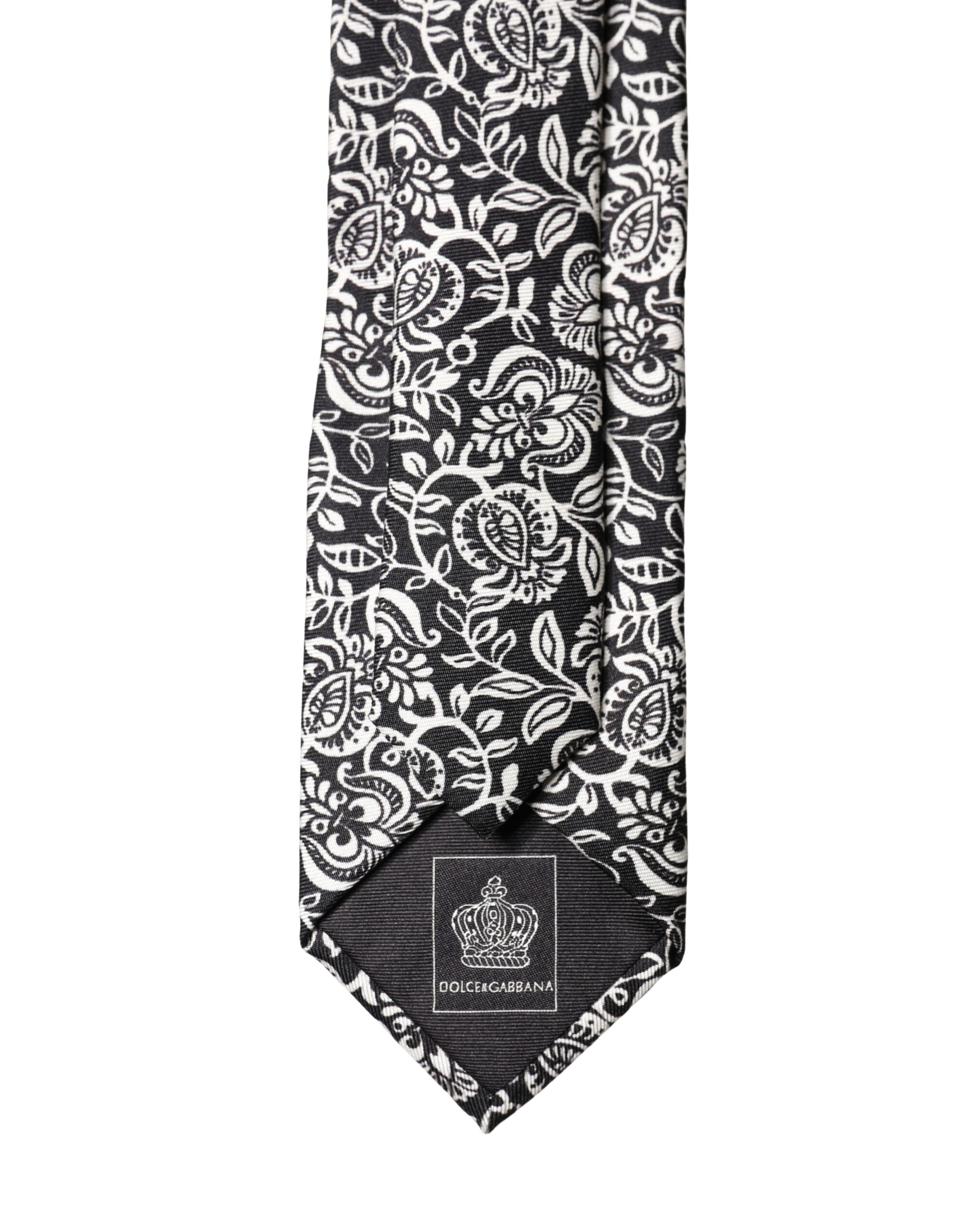 Dolce & Gabbana Black White Floral Fantasy Silk Adjustable Necktie Tie Dolce & Gabbana
