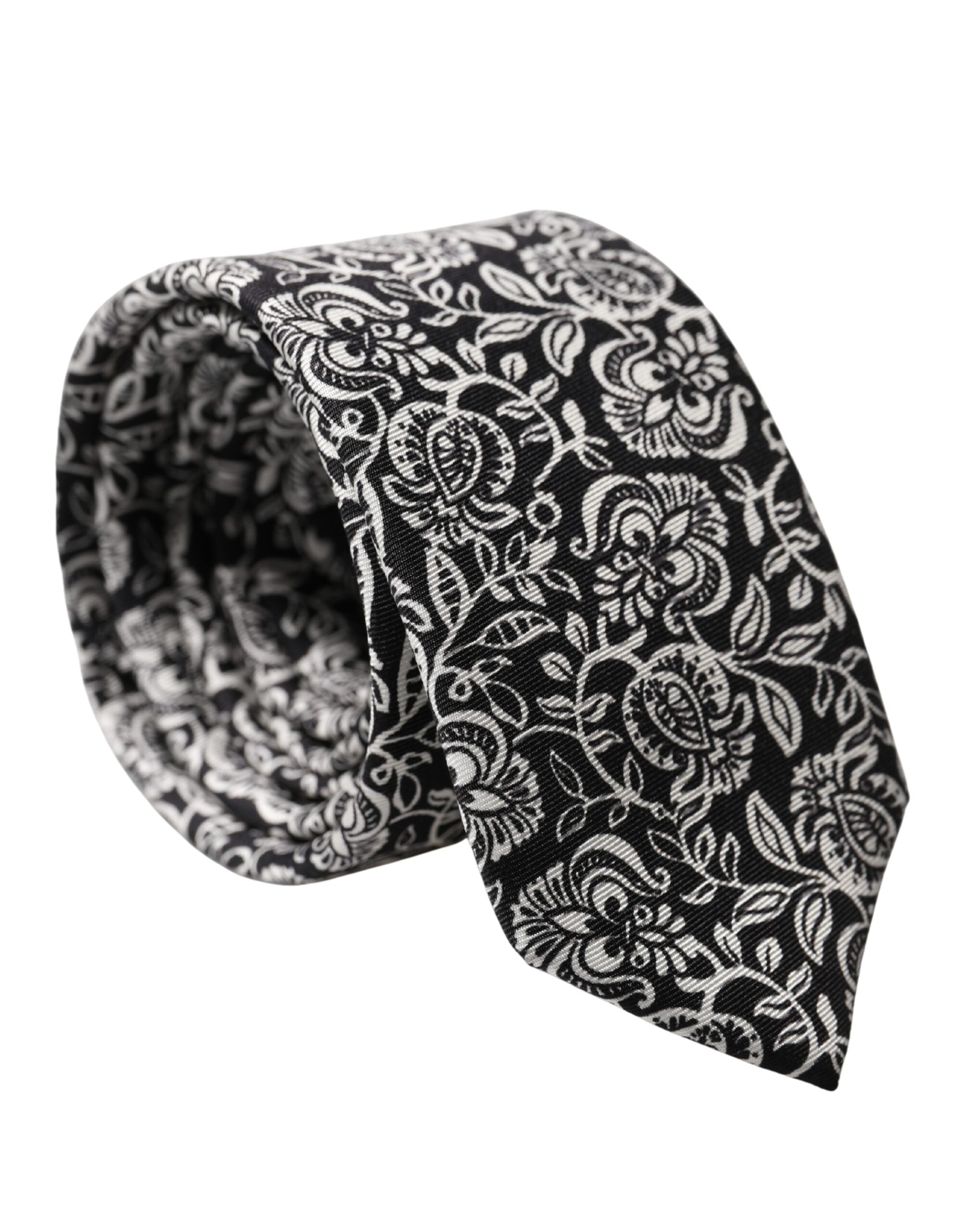 Dolce & Gabbana Black White Floral Fantasy Silk Adjustable Necktie Tie Dolce & Gabbana