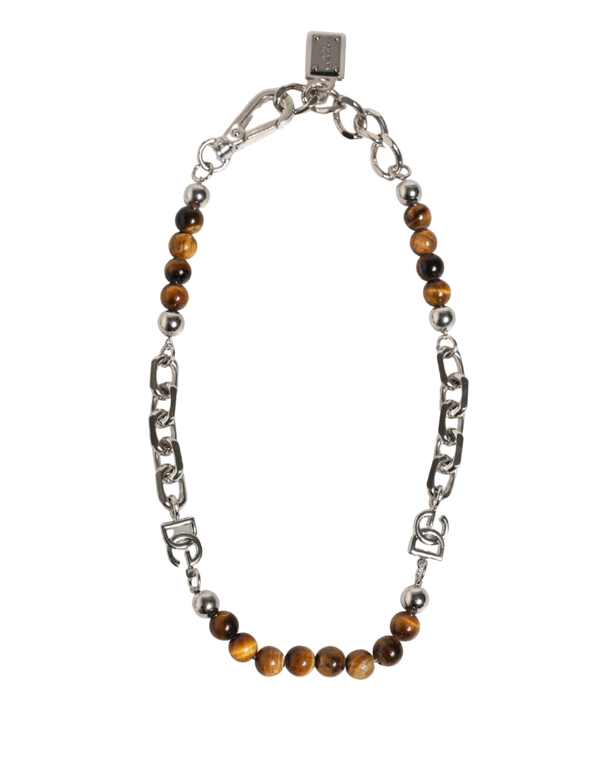 Dolce & Gabbana Silver Tone Brass Chain Beaded Gem DG Logo Bracelet Dolce & Gabbana