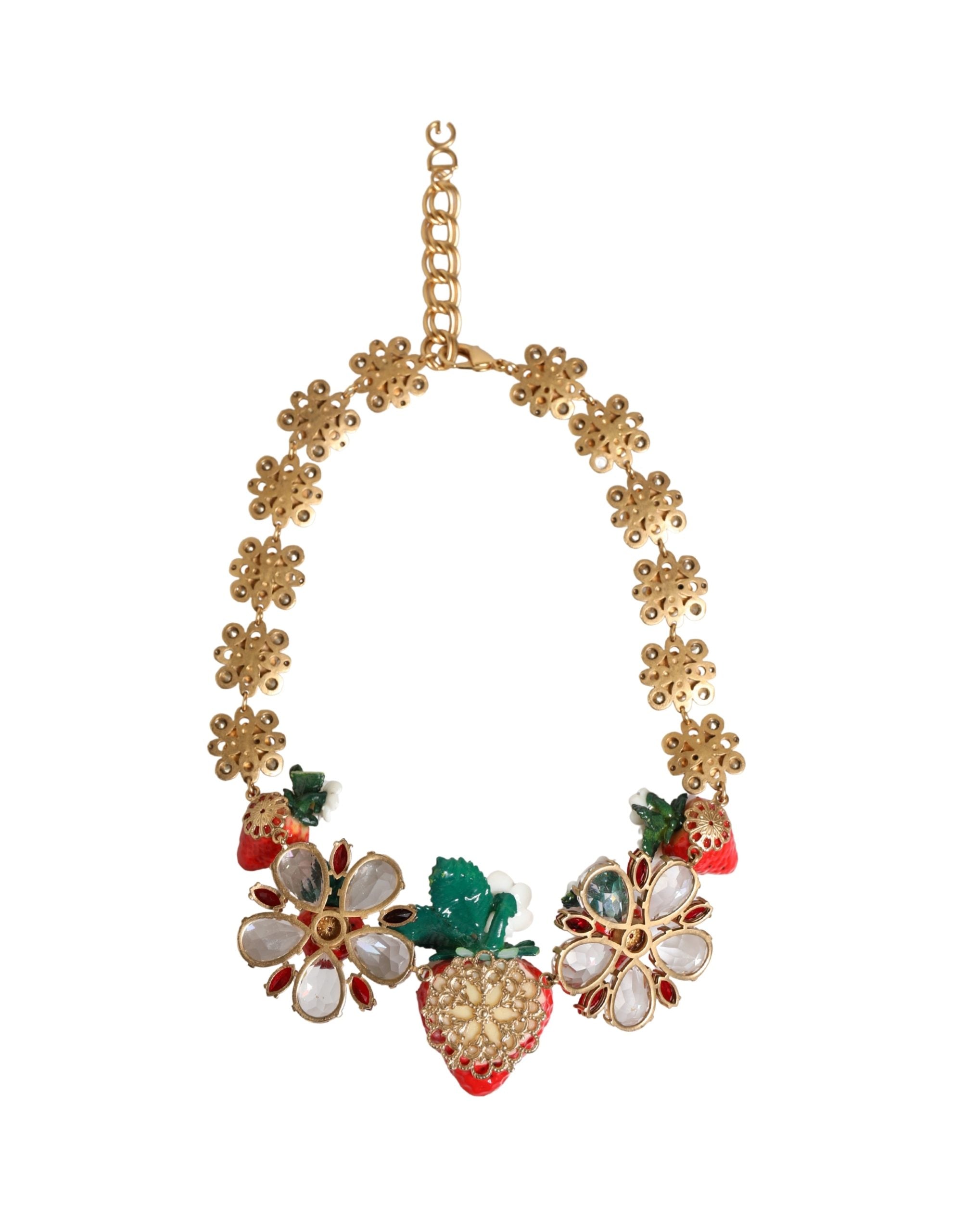 Dolce & Gabbana Gold Brass FRUIT Pendants Flowers Crystal Logo Necklace Dolce & Gabbana