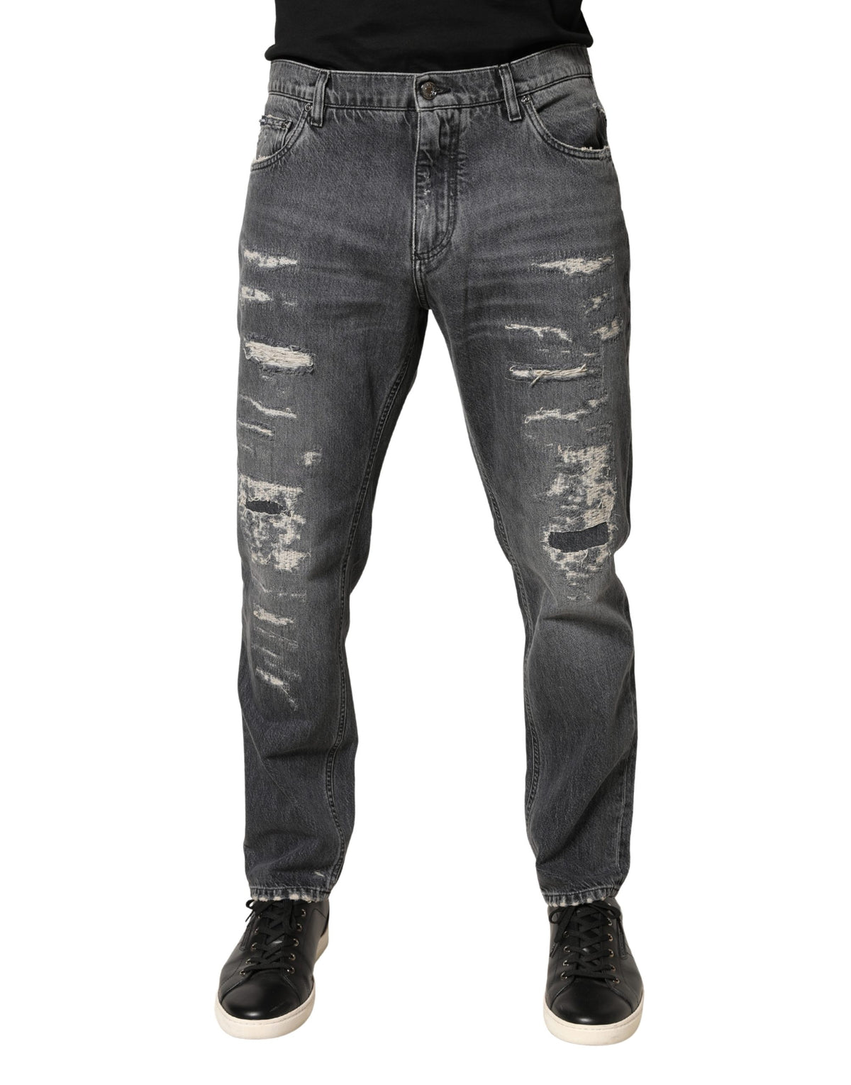 Dolce & Gabbana Dark Gray Tattered Cotton Loose Denim Jeans