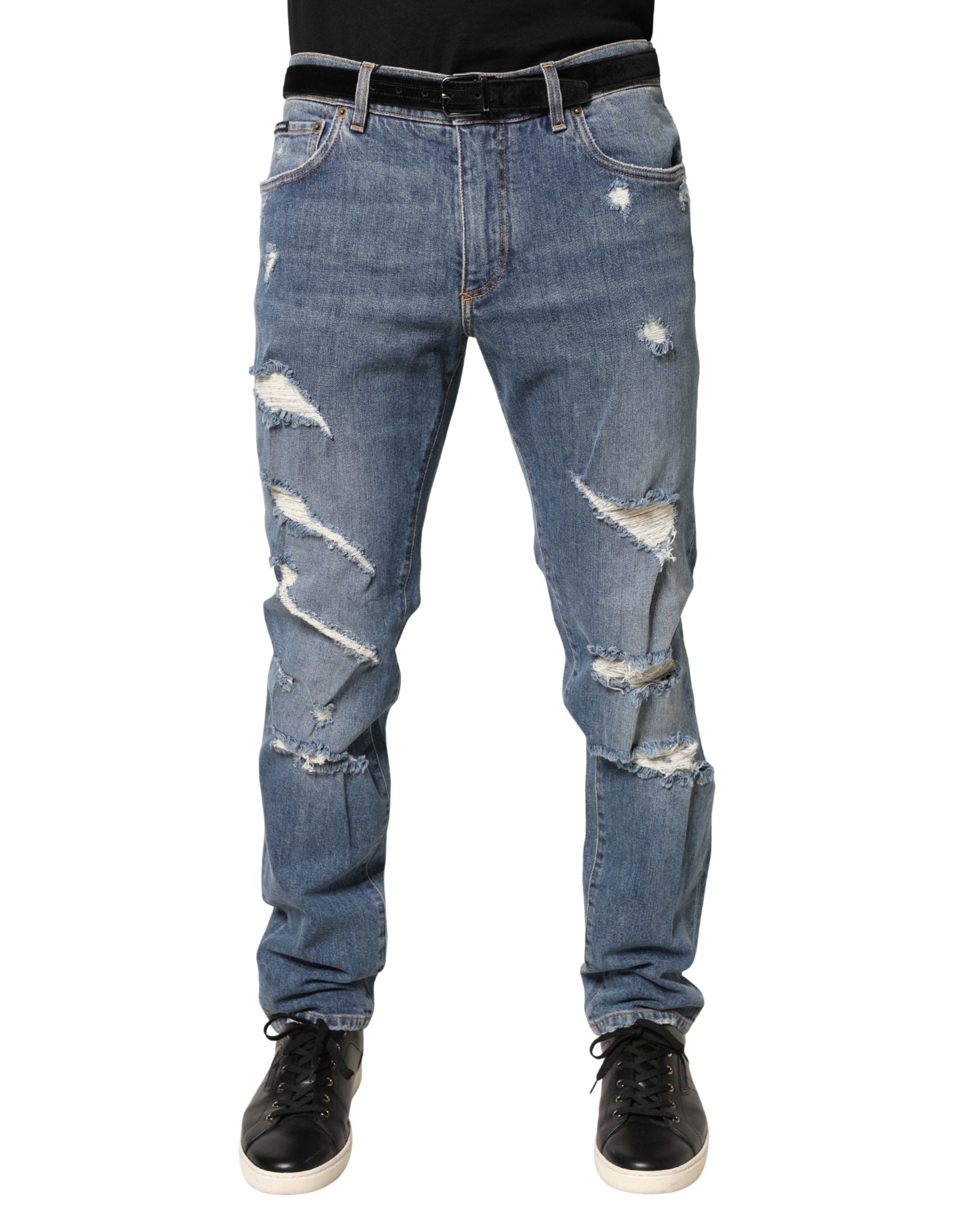 Dolce & Gabbana Blue Tattered Slim Fit Cotton Denim Jeans Dolce & Gabbana