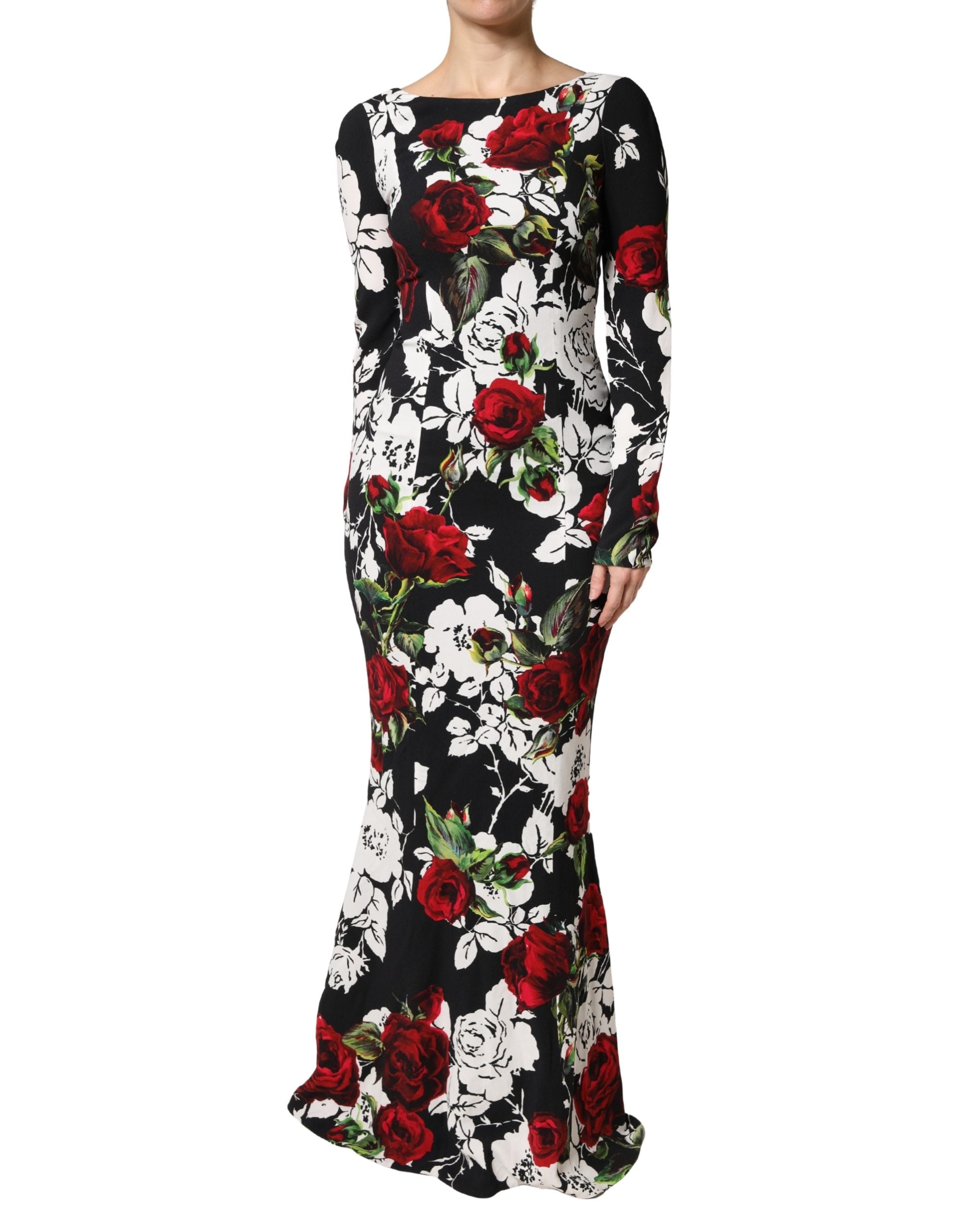 Dolce & Gabbana Black Floral Viscose Bodycon Long Gown Dress Dolce & Gabbana