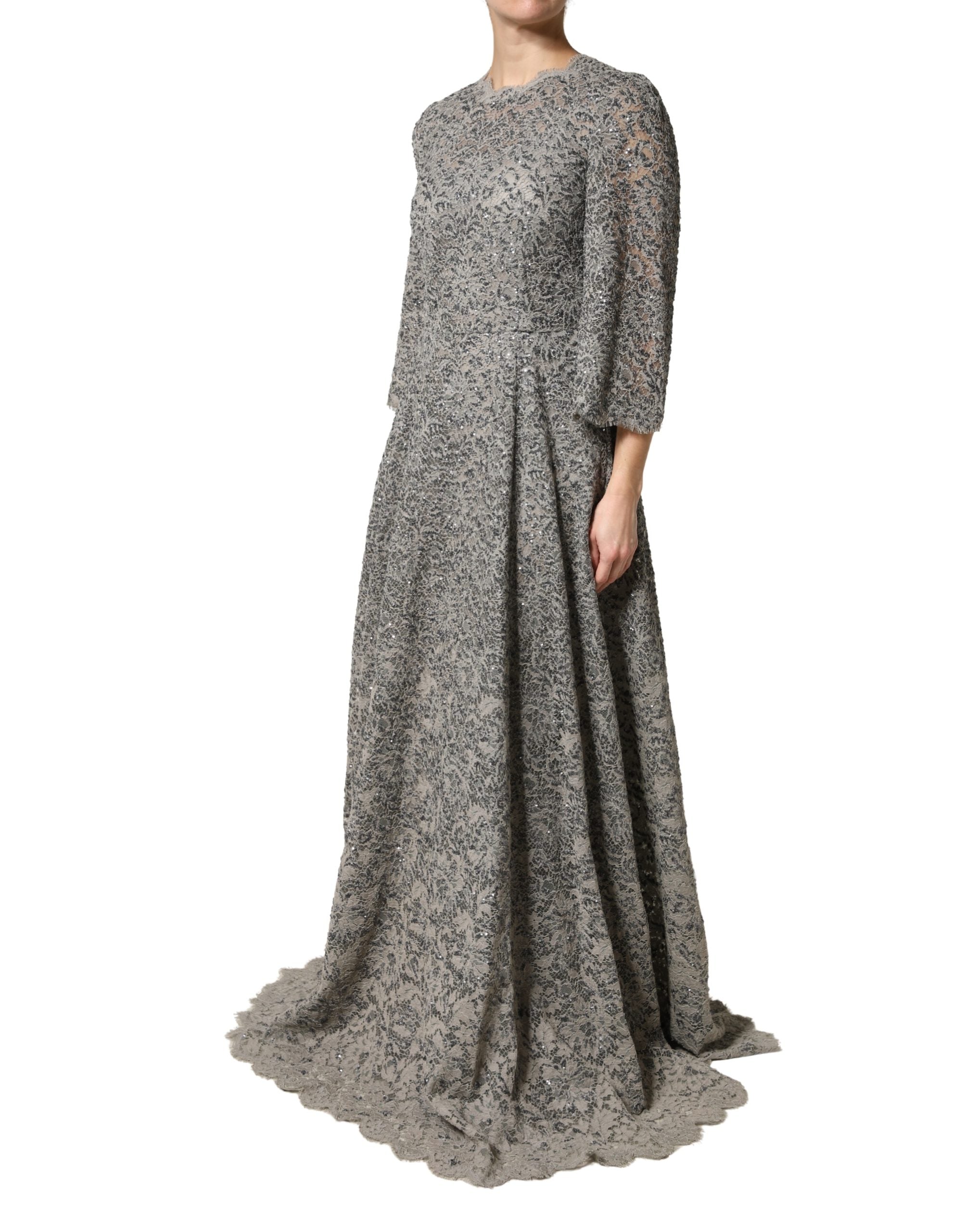Dolce & Gabbana Gray Lace Long Sleeves Cotton Maxi Dress Dolce & Gabbana