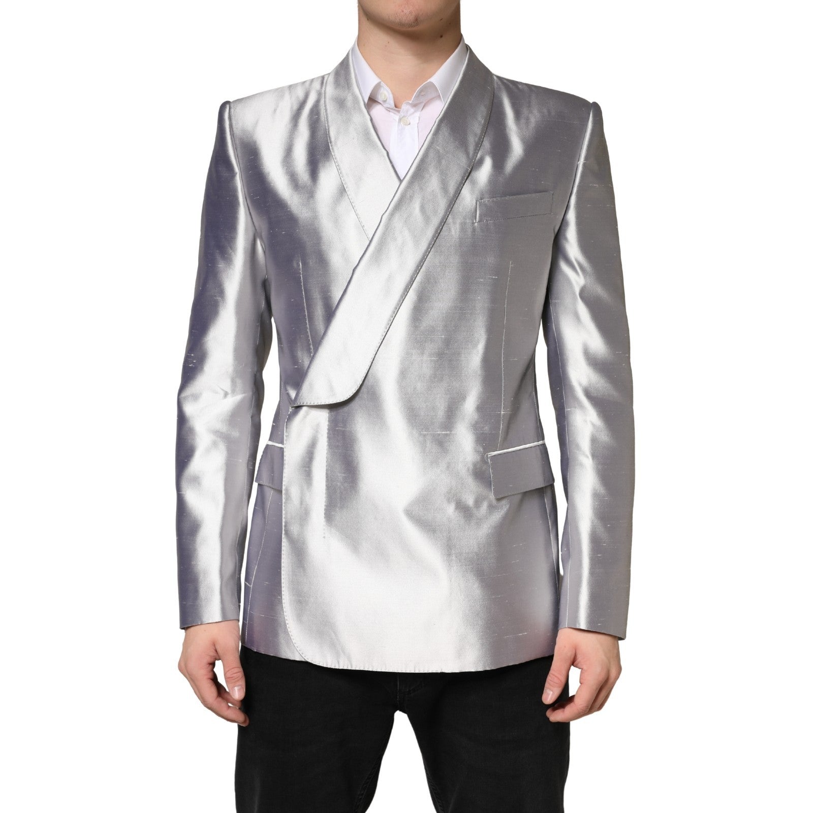 Dolce & Gabbana Silver SICILIA Silk Double Breasted Blazer Dolce & Gabbana
