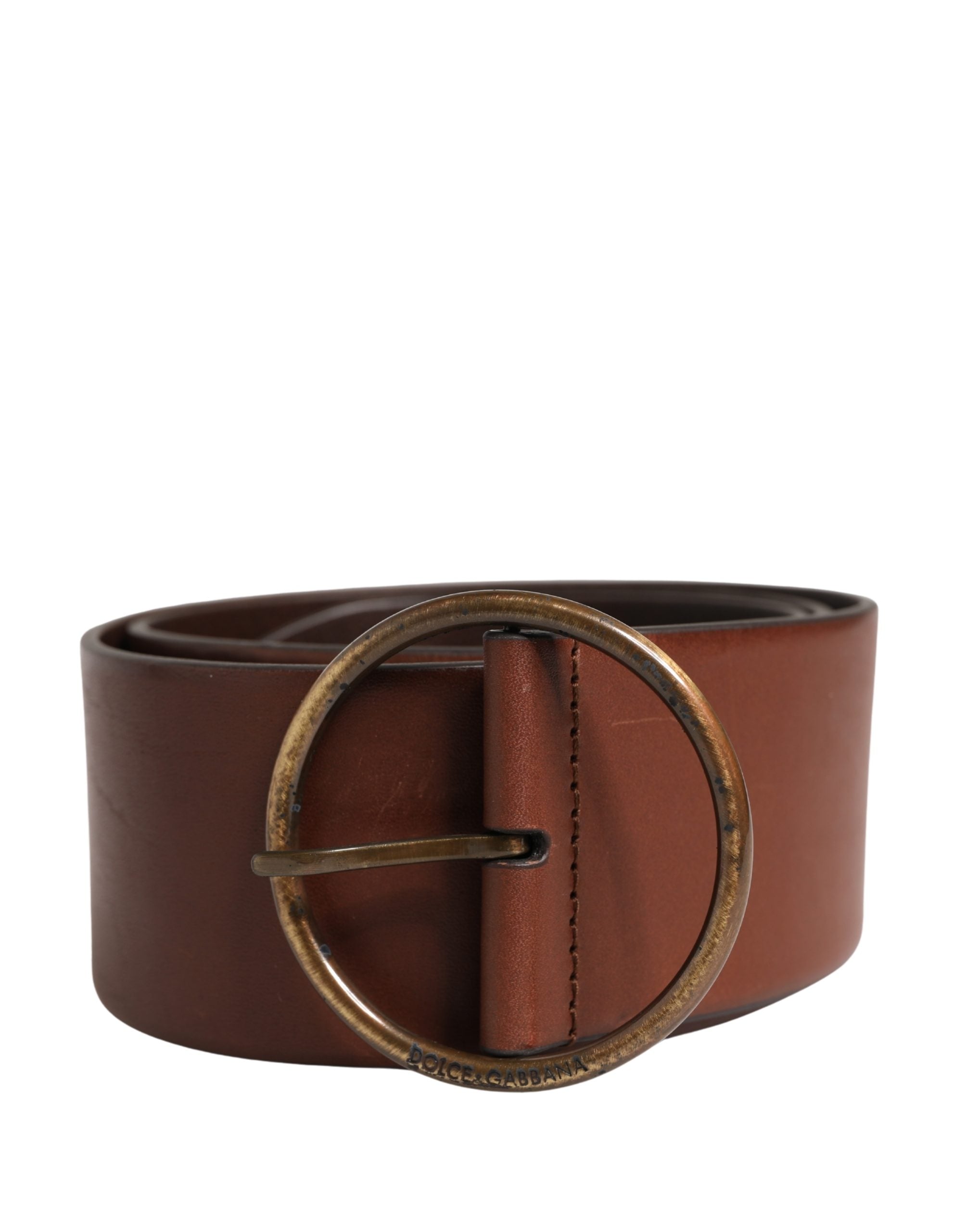 Dolce & Gabbana Brown Leather Wide Waist Metal Round Belt Dolce & Gabbana