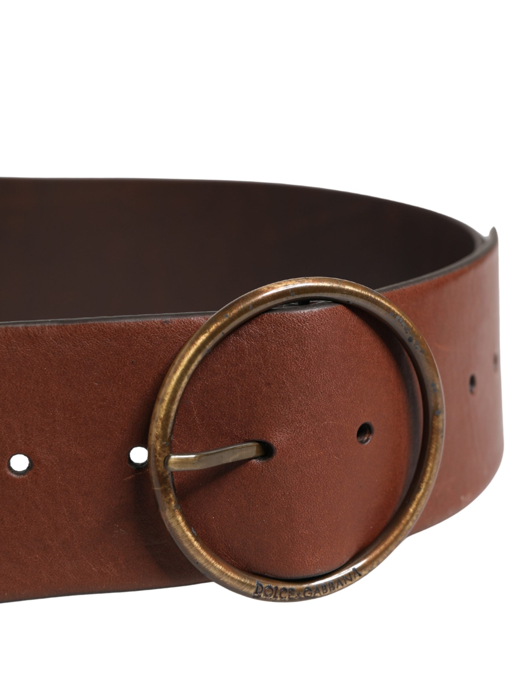 Dolce & Gabbana Brown Leather Wide Waist Metal Round Belt Dolce & Gabbana