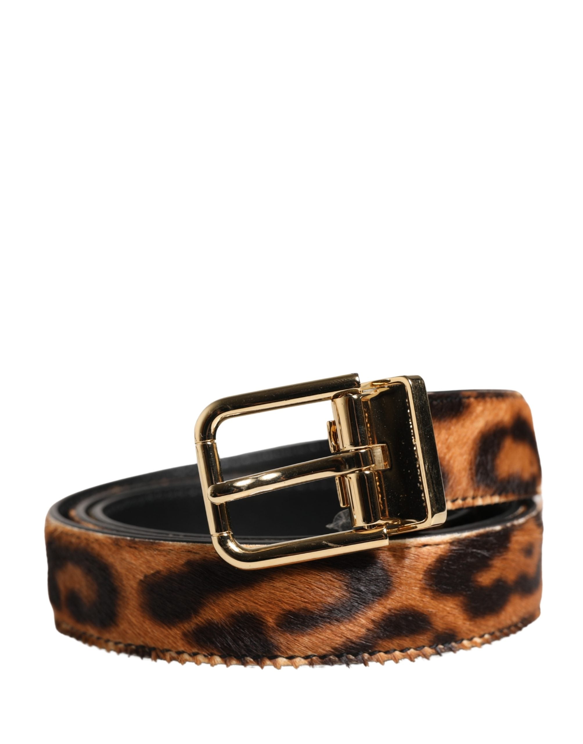 Dolce & Gabbana Brown Calf Fur Leopard Metal Buckle Belt Dolce & Gabbana