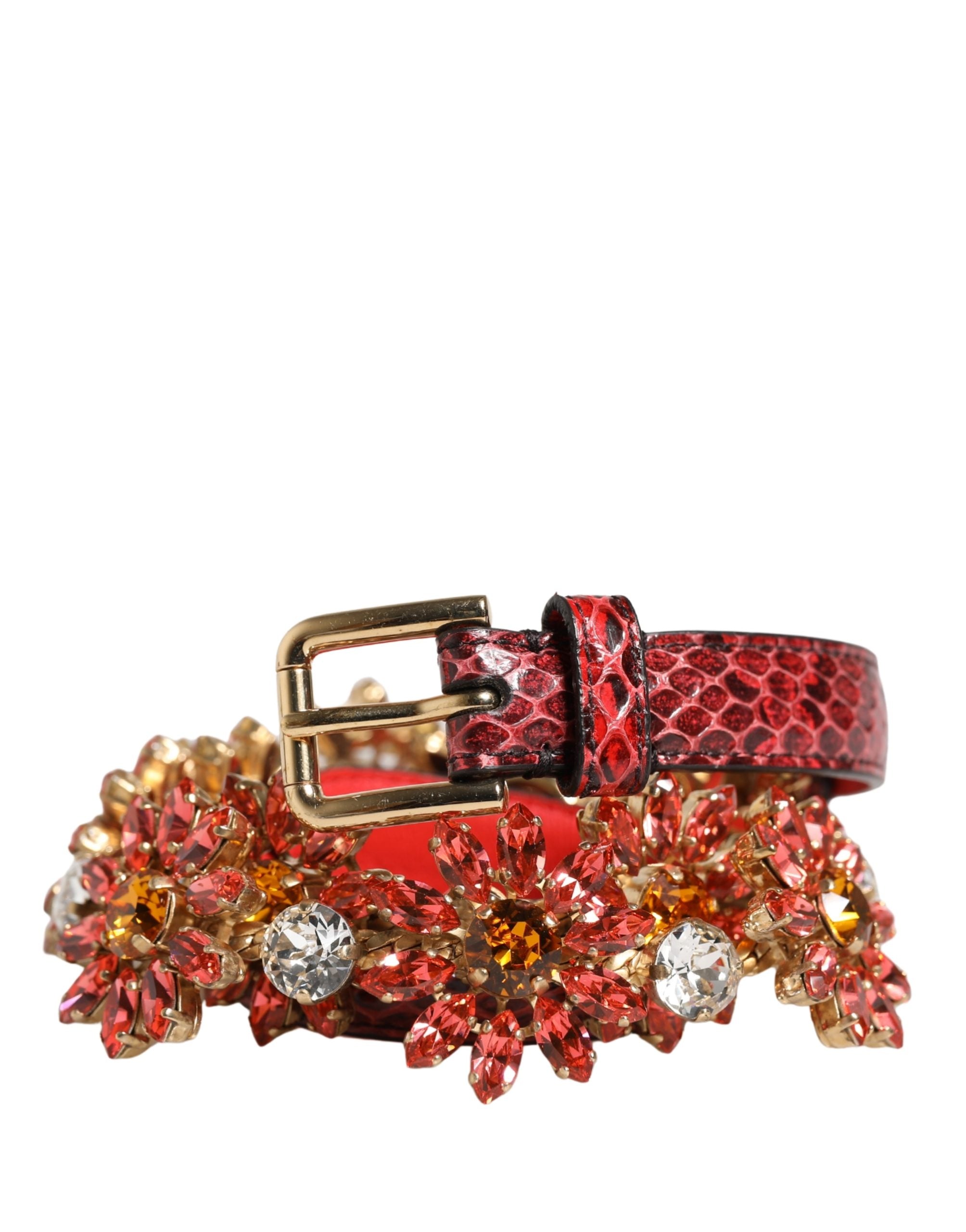 Dolce & Gabbana Red Leather Daisy Crystal Embellished Waist Belt Dolce & Gabbana