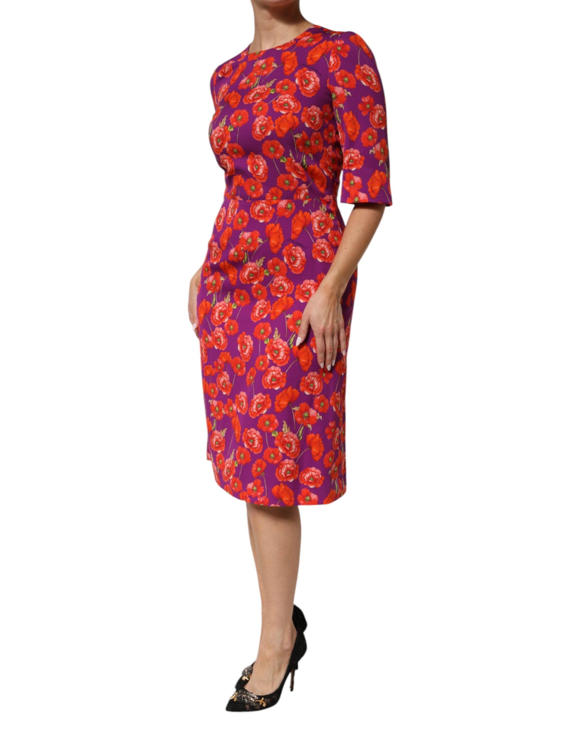 Dolce & Gabbana Purple Silk Floral Print Midi Sheath Dress Dolce & Gabbana