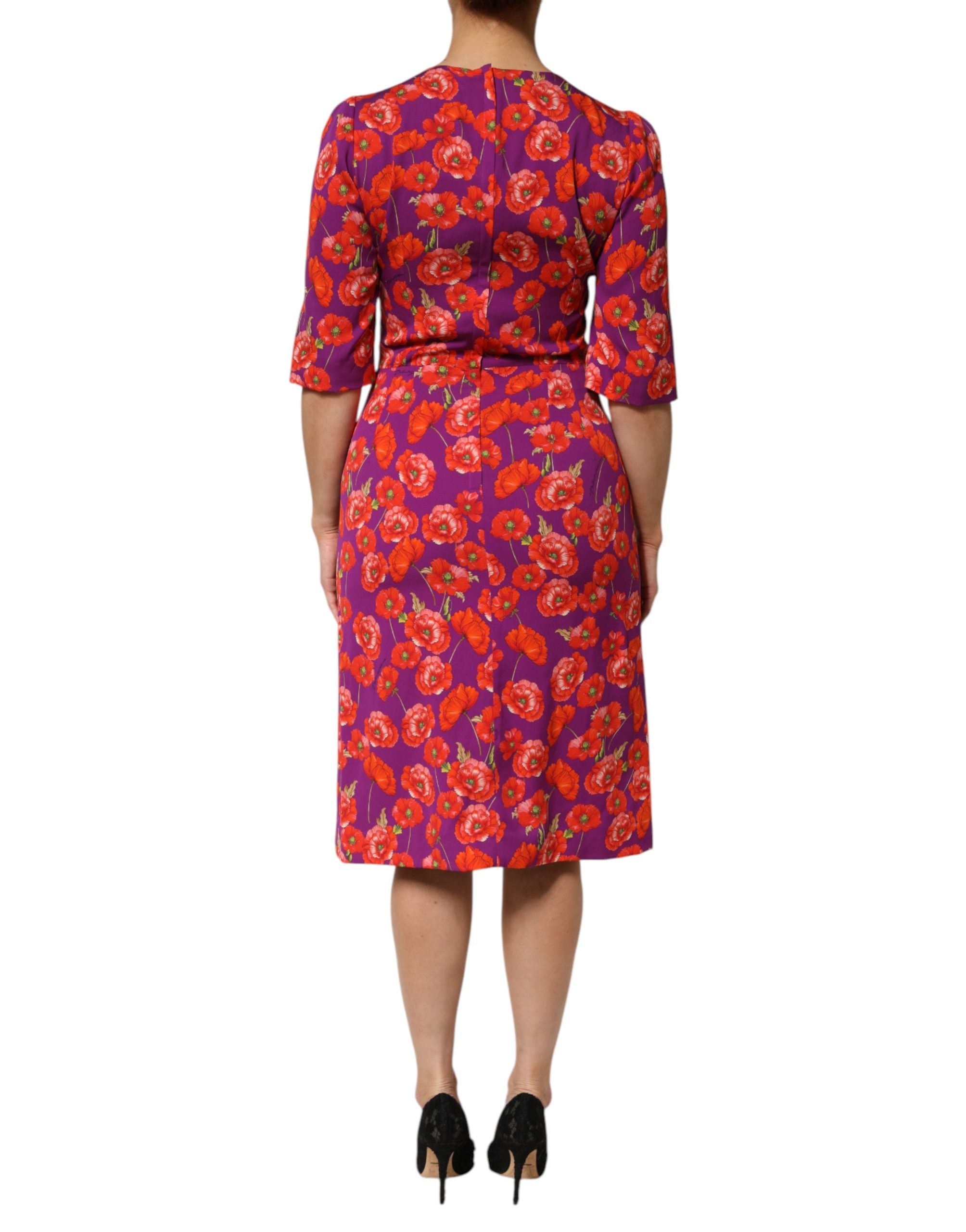 Dolce & Gabbana Purple Silk Floral Print Midi Sheath Dress Dolce & Gabbana