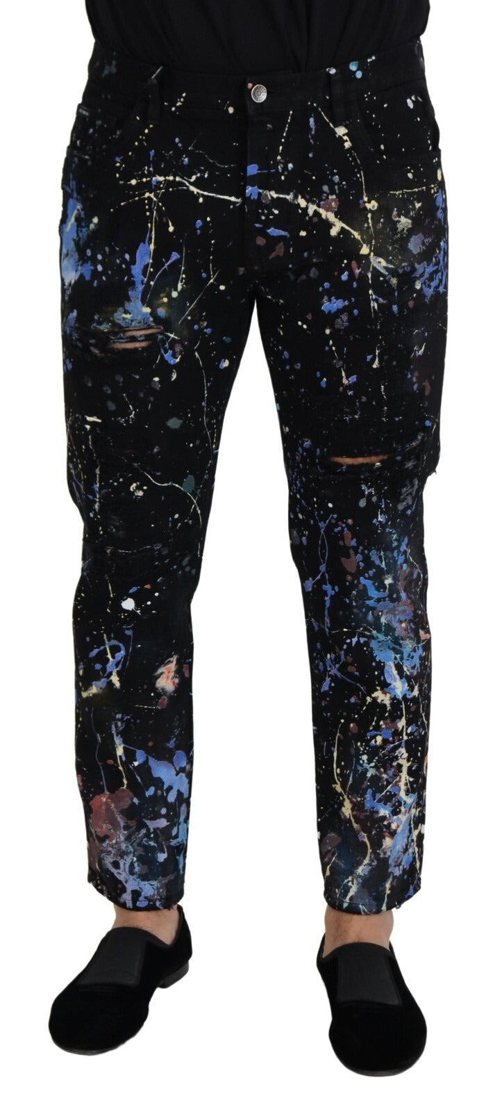 Dolce & Gabbana Black Cotton Color Splash Print Denim Jeans Dolce & Gabbana